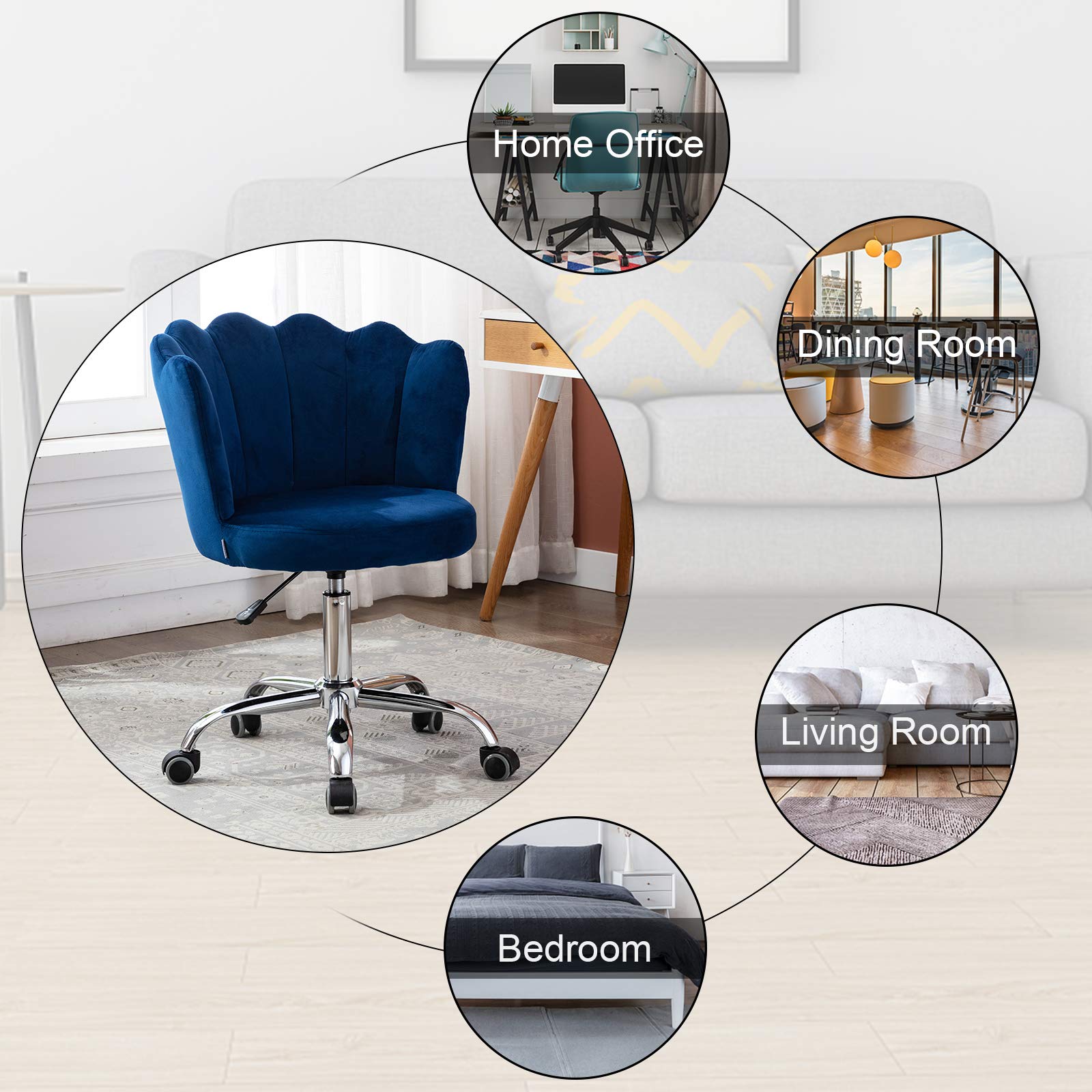 Velvet Desk Chair with Wheels - Modern Swivel Adjustable Height Upholstered Office Task Chair for Home, Living Room & Vanity - Elegant Blue Velvet Fabric for Comfort & Style - Perfect for Work, Study & Relaxation