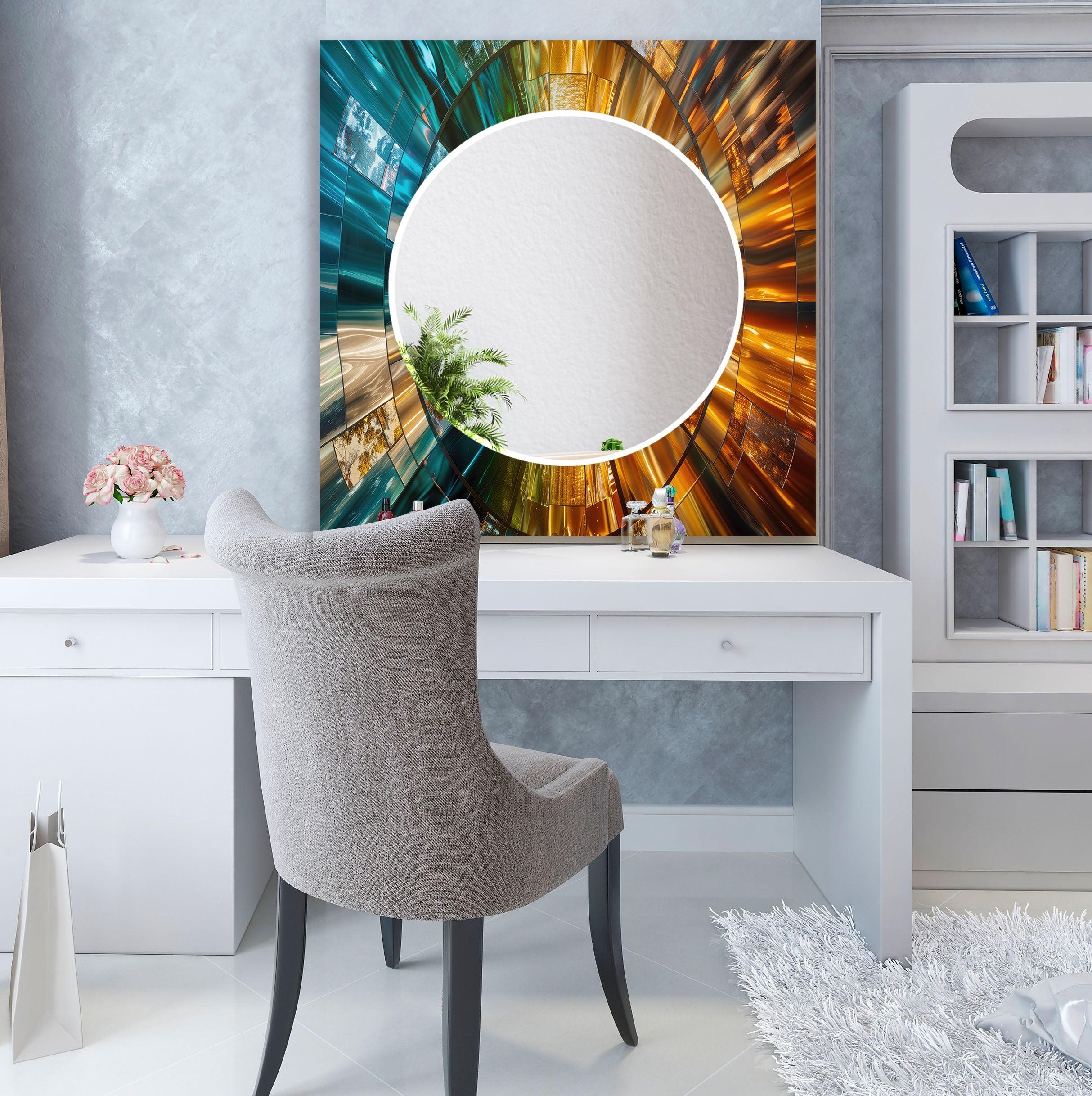 Blue and Gold Abstract Wall Mirrors - Modern Decorative Mirror for Living Room, Bedroom & Entryway - Stylish Home Decor Accent Piece