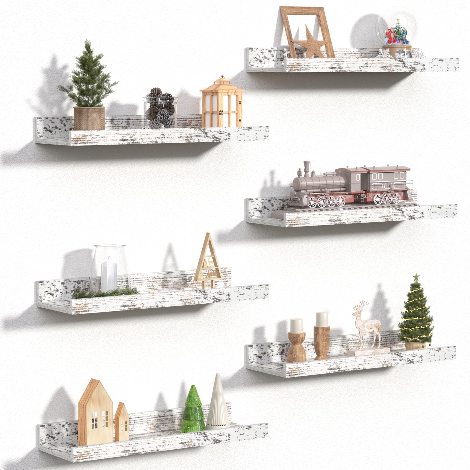 Upsimples Floating Shelves for Wall - Set of 6 Wooden Mounted Shelves, Rustic White Home Decor Storage for Bedroom, Living Room, Bathroom & Kitchen - Perfect for Displaying Photos, Books and Decorative Items
