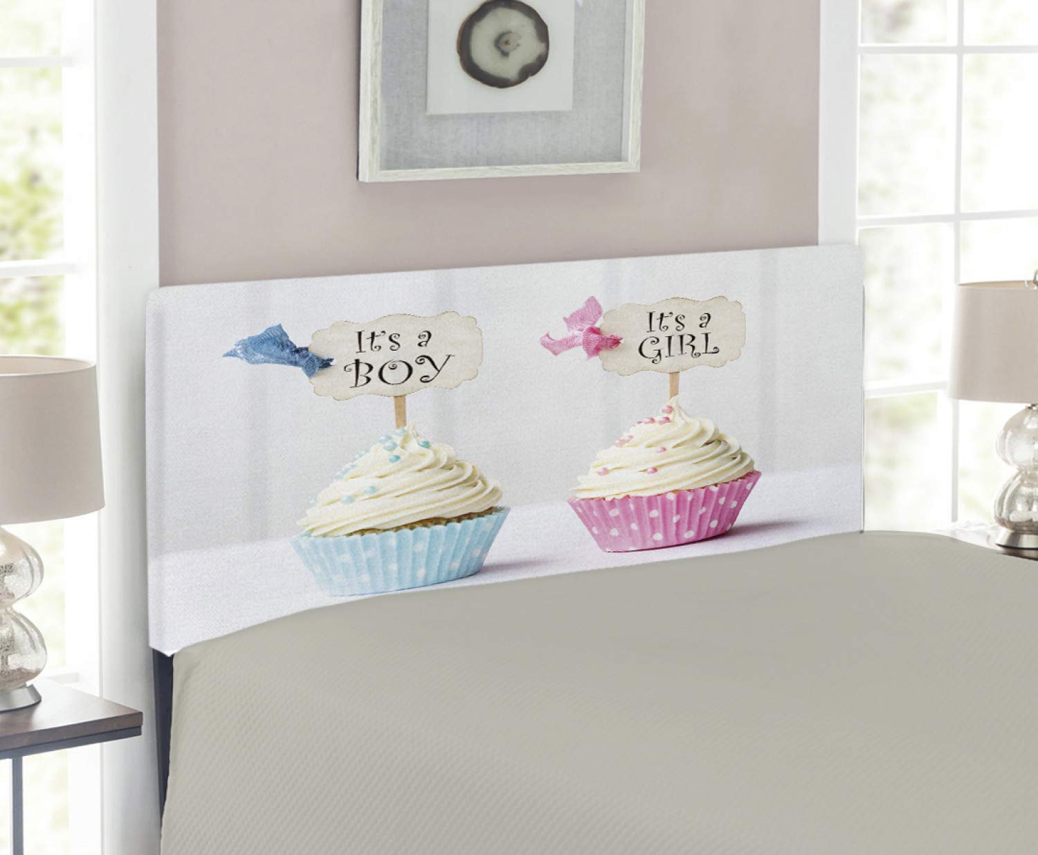 Ambesonne Gender Reveal Headboard - Twin Size Upholstered Decorative Metal Bed Frame with Memory Foam | Boy & Girl Cupcake Chocolate Celebration Theme in Pale Blue & Pink Cream | Perfect for Baby Showers, Nursery Decor & Gender Reveal Parties