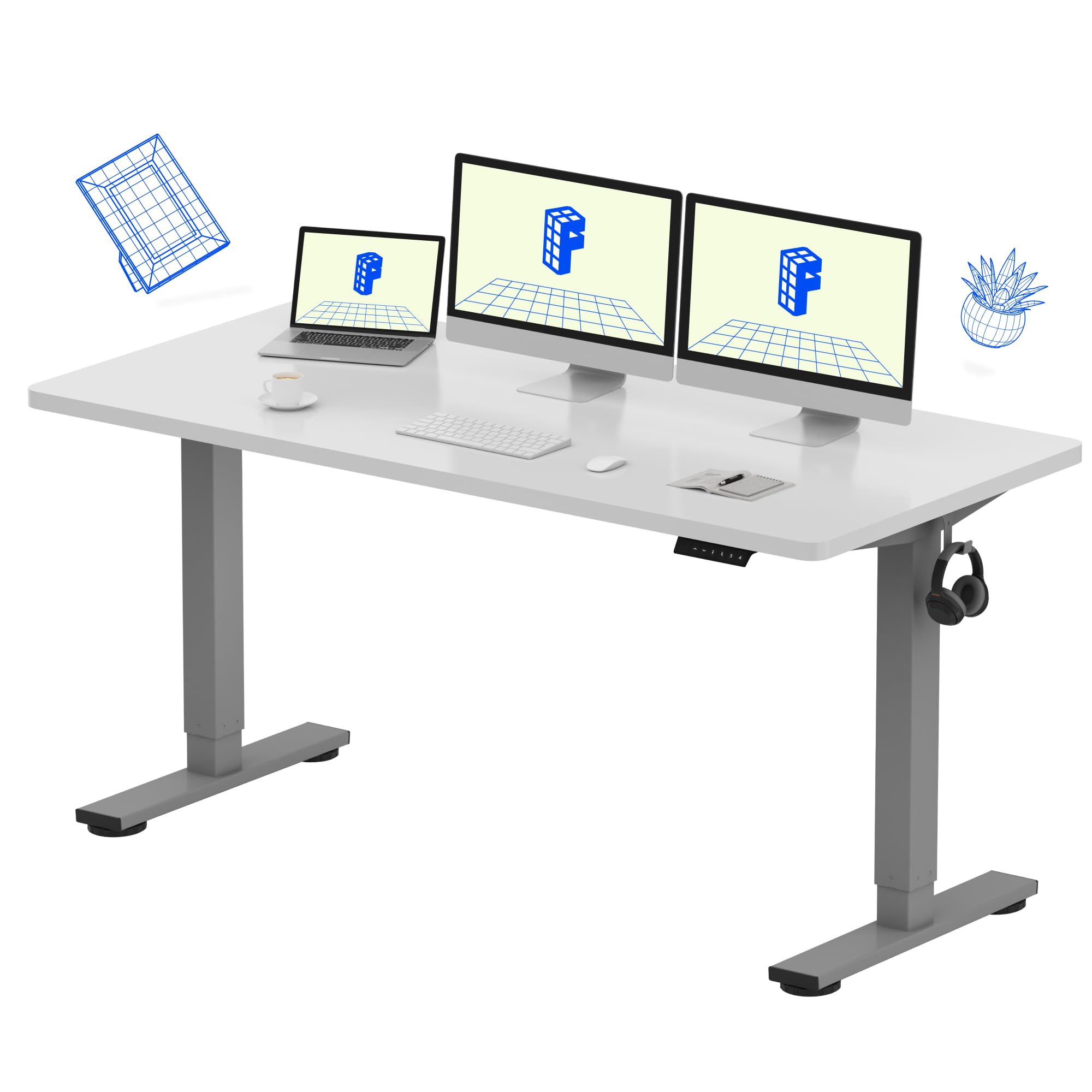 FLEXISPOT EN1 Electric Height Adjustable Standing Desk 60 x 24 Inches - Seamless One-Piece Desktop, Silver Frame & White Top (2 Packages) - Perfect for Home Office, Gaming Setup & Workspace Ergonomics