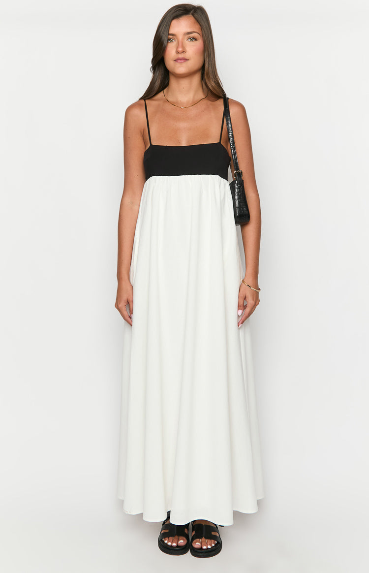 Elegant Akari White Contrast Maxi Dress for Women - Perfect for Summer Beach Vacations, Weddings & Boho Chic Outfits
