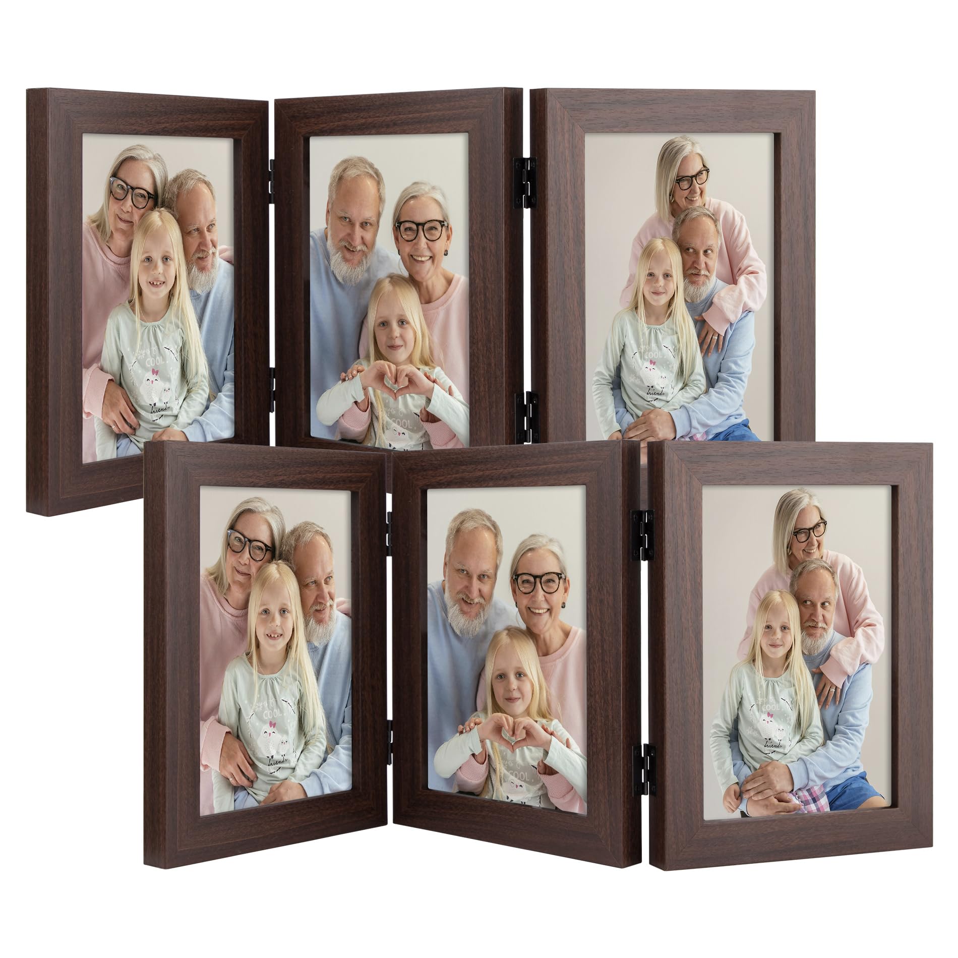 Frametory 5x7 Triple Picture Frame Set - Walnut Hinged Trifold Photo Collage with Glass Front for Tabletop Display (2 Pack) | Perfect for Family Photos, Wedding Memories, and Home Decor