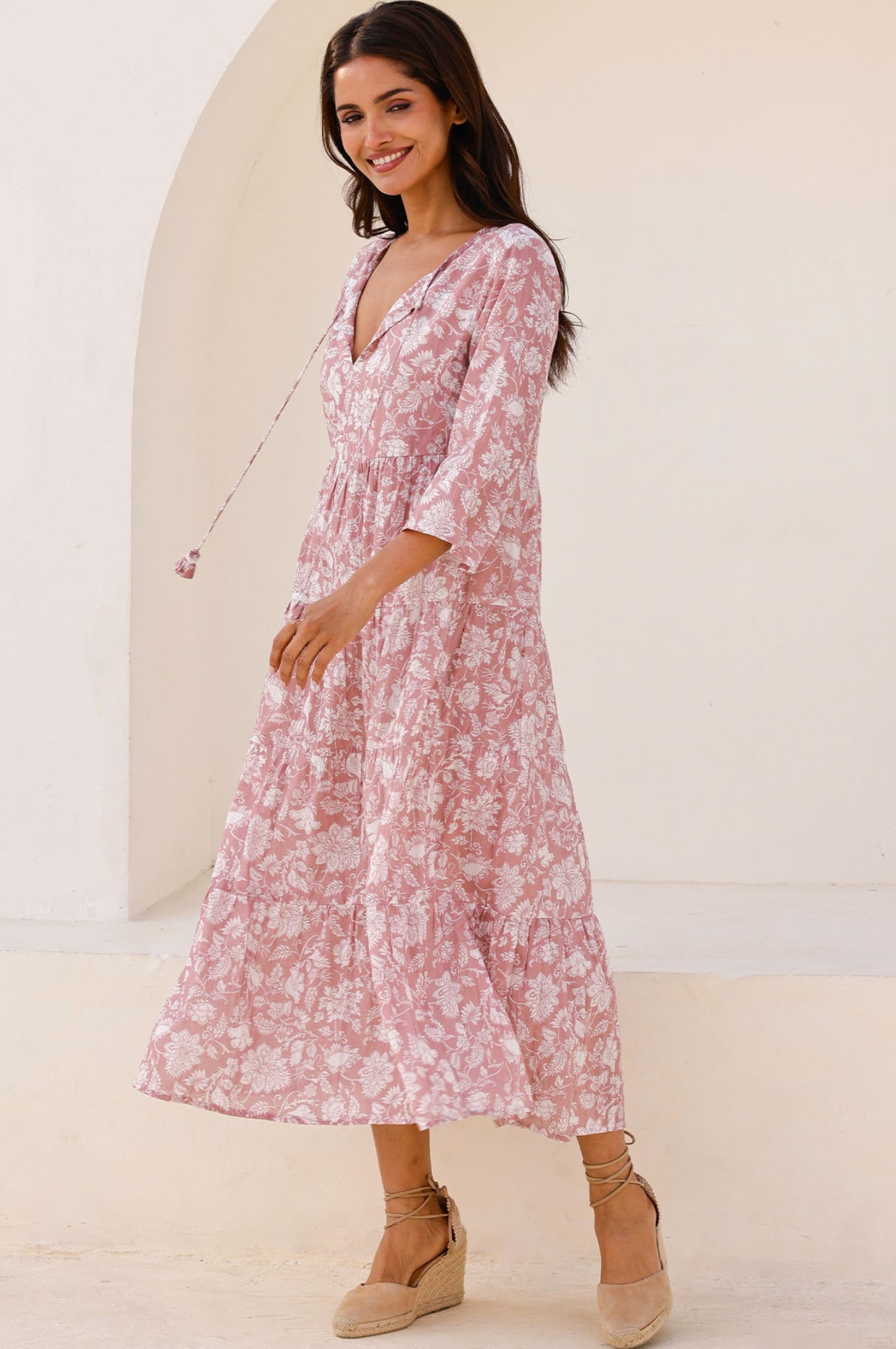 Emma Organic Cotton Dress - Blossom Dusty Pink & White | Flowy Summer Dress for Women | Perfect for Beach, Brunch & Casual Outings