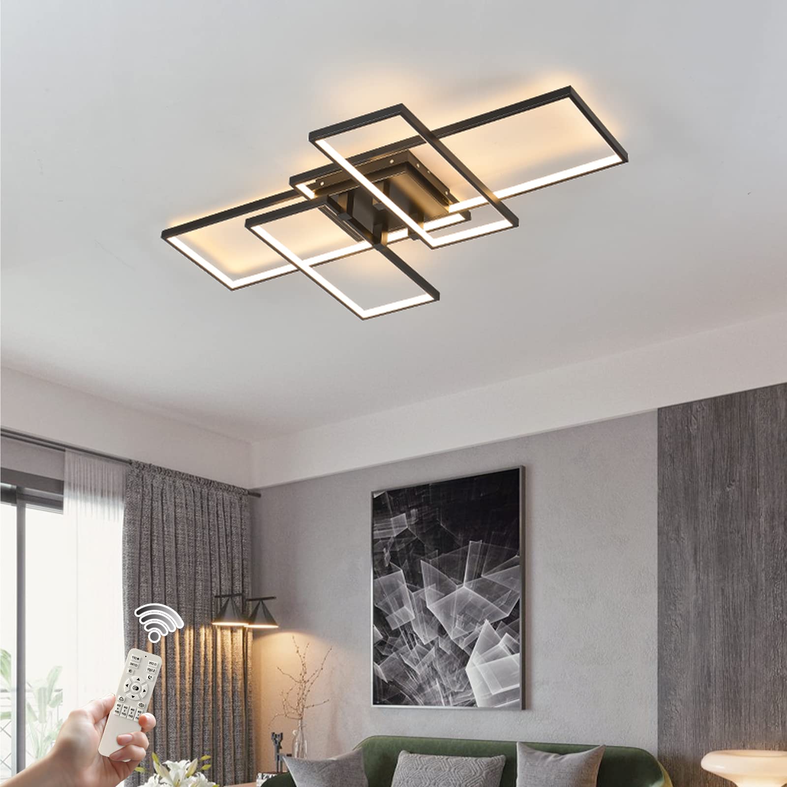 Becailyer 71W LED Flush Mount Ceiling Light with Remote - 4 Square Acrylic Modern Ceiling Lamp in Black - Dimmable 3000K-6000K for Bedroom, Kitchen, Living Room & Study - Perfect for Ambient Lighting and Home Decor