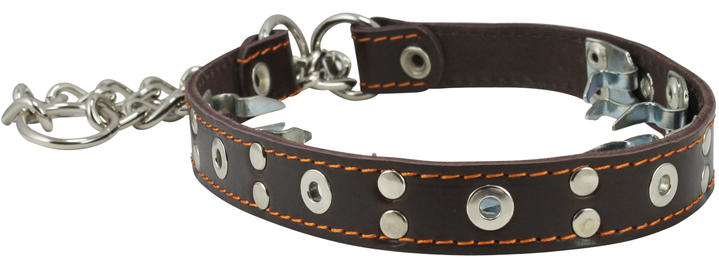 Genuine Leather Studded Martingale Dog Collar for Training - 4mm Link, Brown, 3 Sizes (15.5