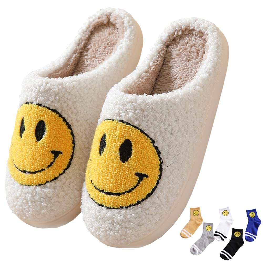 **Smiley Face Slippers for Women & Men - Soft Plush Memory Foam Indoor/Outdoor Non-Slip Slides - Warm Winter House Shoes with 5 Pairs of Socks (Size 43/44EU, White & Yellow) - Perfect for Home, Office & Travel**