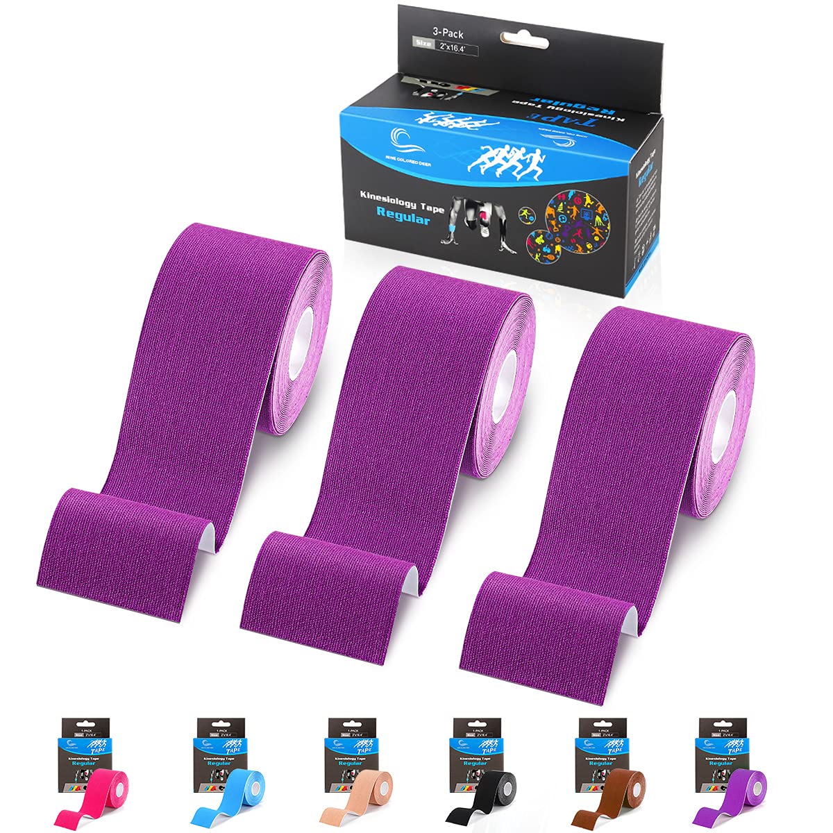 (3 Pack) Waterproof Kinesiology Tape for Athletes - N.C.D Muscle Support Tape for Shoulder, Back, Joints & Sports Injuries - 2 Inch x 16.4 Ft Elastic Fitness Patch (Violet) - Ideal for Workout Recovery, Physical Therapy & Pain Relief