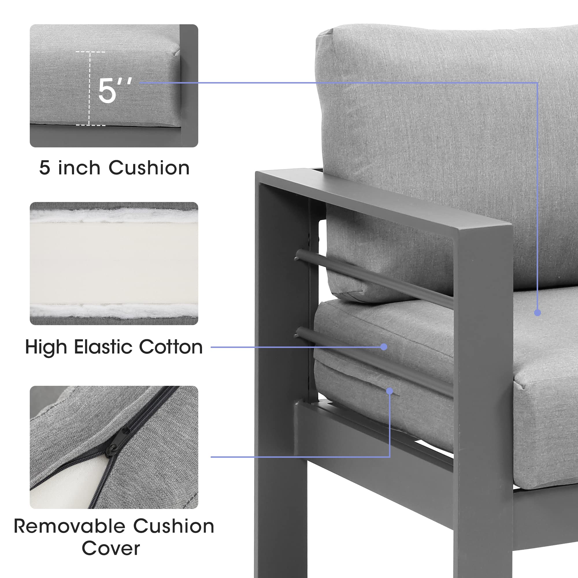 Wisteria Lane Outdoor Patio Furniture Set - 6-Piece Aluminum Sectional Sofa with Coffee Table, All-Weather Metal Conversation Set & Dark Grey Cushions - Perfect for Backyard, Garden, Poolside & Deck Relaxation