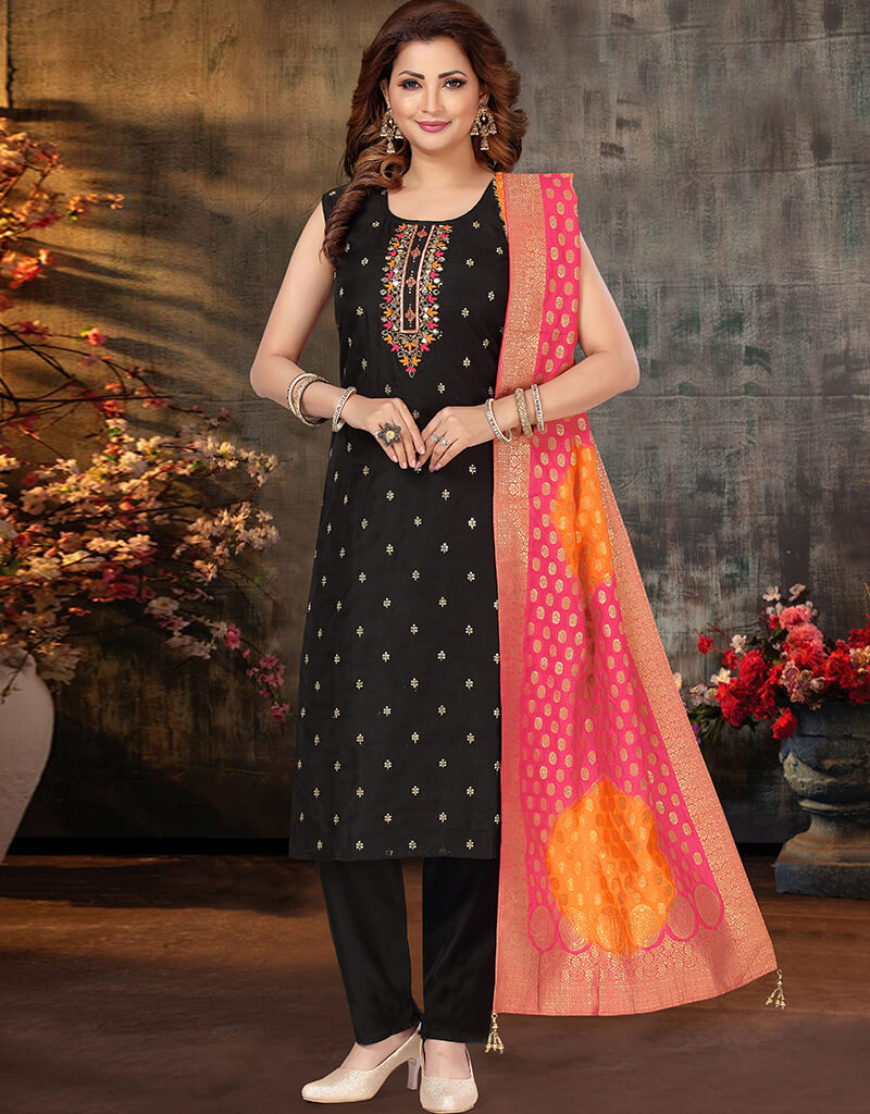 Elegant Black Chanderi Silk Pant Salwar Suit for Women - Traditional Indian Ethnic Wear for Weddings, Festivals & Special Occasions