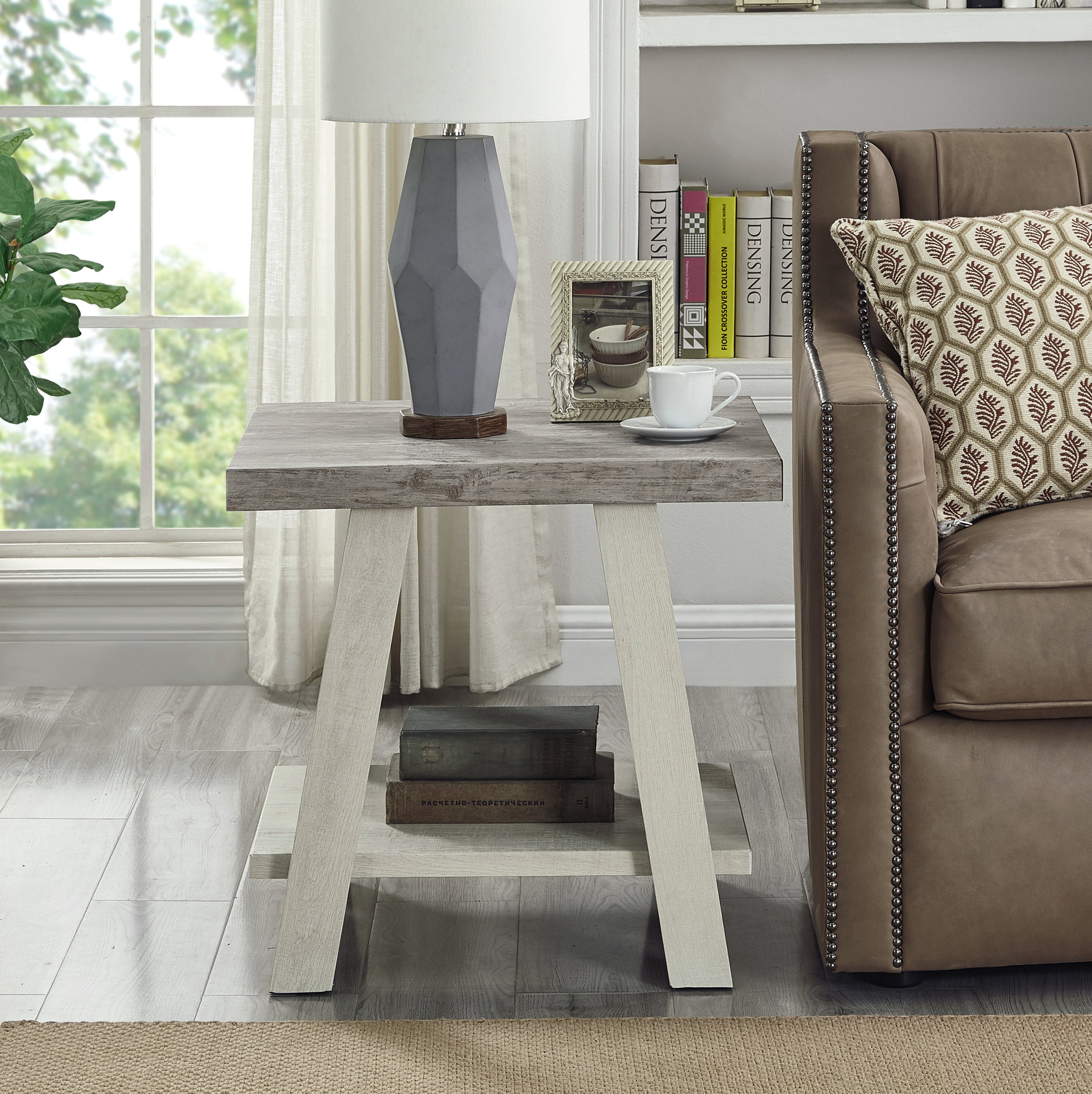 Roundhill Furniture Athens Contemporary Two-Tone Wood Shelf End Table in Weathered Gray & Beige - Stylish Nightstand for Living Room, Bedroom, or Office Decor