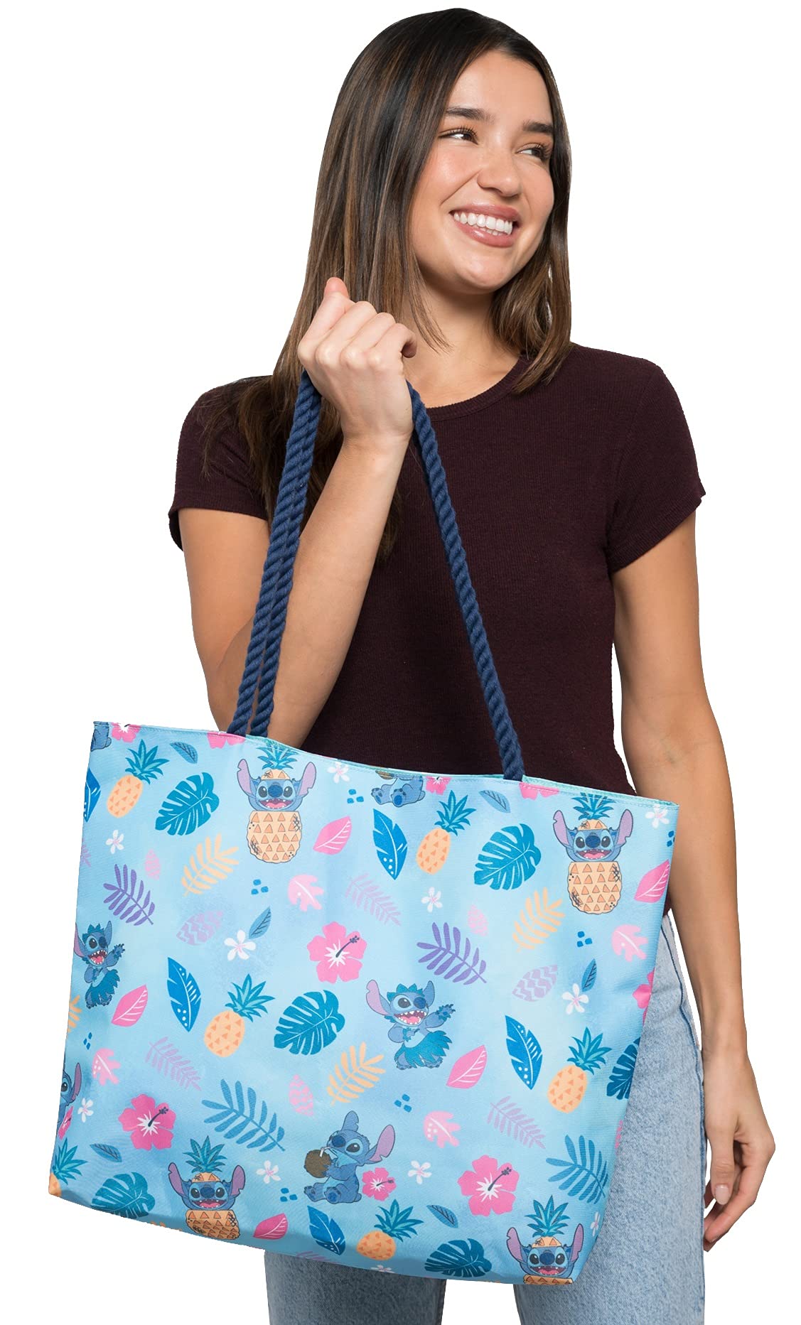 Disney Lilo & Stitch Tote Bag - Large Blue Hawaiian Print Water-Resistant Canvas Purse for Women | Perfect for Beach Vacations, Work, Travel & Daily Use
