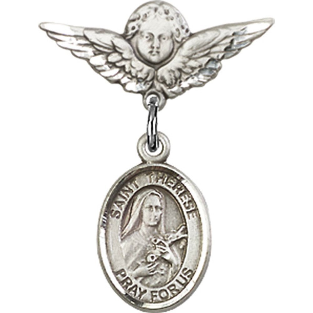 St. Therese of Lisieux Sterling Silver Baby Badge with Angel Wing Charm - 7/8 X 3/4 Inch Religious Jewelry Pin for Christening, Baptism & First Communion Gifts