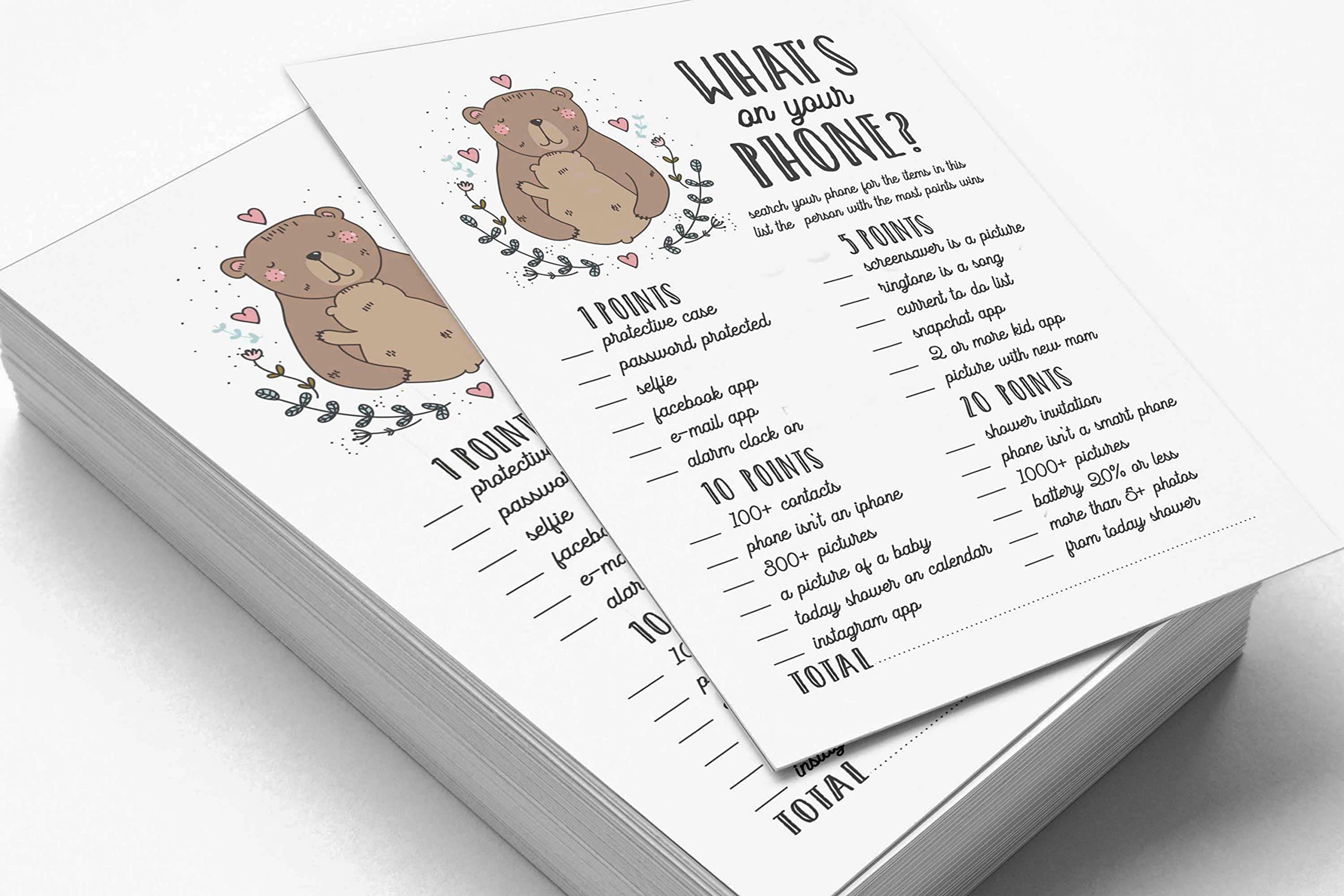 50 Sheets What's in Your Phone Baby Shower Game Cards - Gender Neutral Baby Shower Activity for Coed Parties - Fun Bear Animal Theme Baby Shower Supplies - Perfect for Virtual or In-Person Celebrations