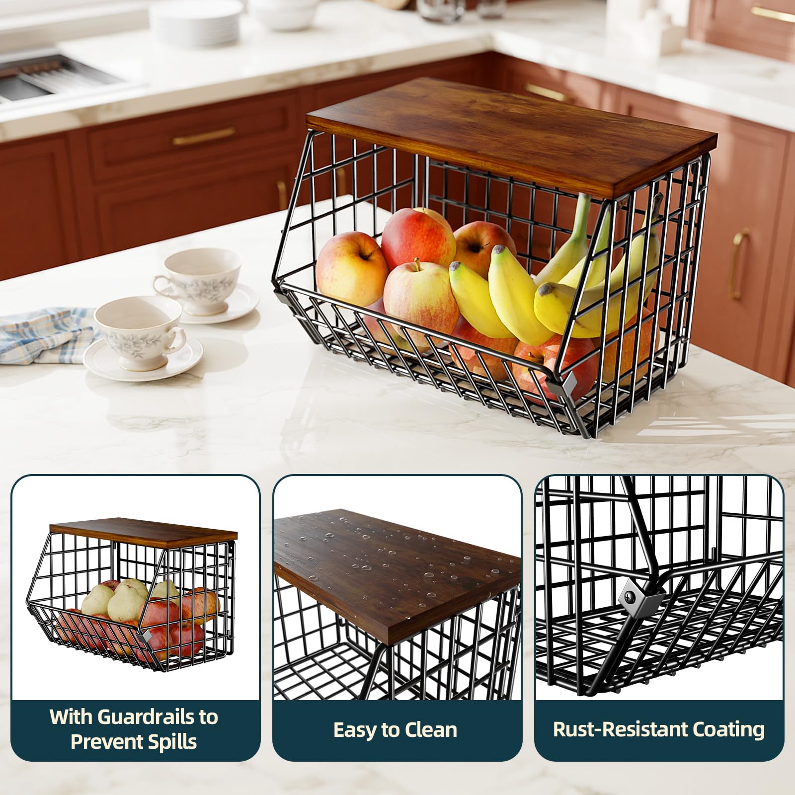 SUFAUY 2-Pack Black Wire Fruit Basket for Kitchen - Pantry Storage Bin for Potatoes, Onions & Bread - Countertop or Wall Mounted Organizer for Fresh Produce & Bakery Items