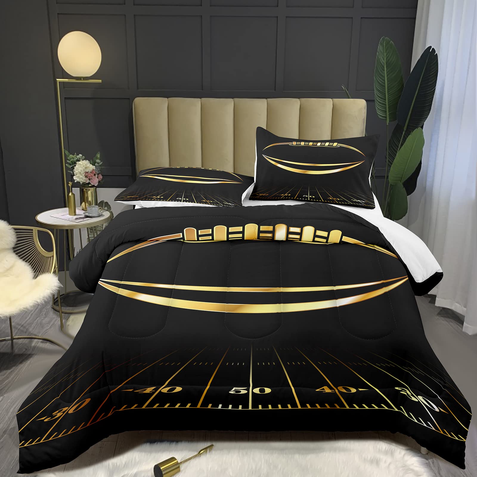 Bodhi Black and Gold Football Comforter Set - Full Size American Football Bedding for Boys & Kids | Soft Football Quilt with Pillowcase | Perfect for Sports Themed Bedrooms, Game Day Decor, and Football Fans