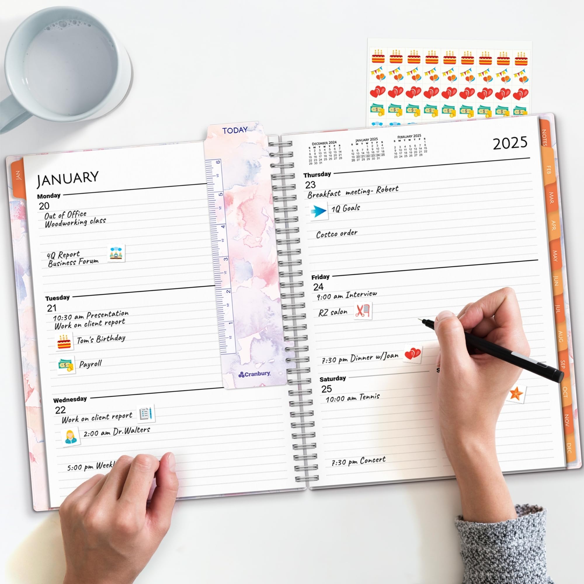 2025 CRANBURY Large Watercolor Planner - 8.5x11 Desktop Weekly & Daily Calendar with Laminated Monthly Tabs, Movable Bookmark, Stickers & Storage Pockets - Perfect for Office, School & Home Organization