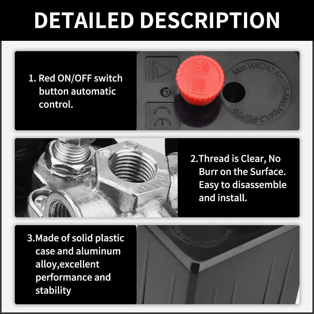 90-120PSI Air Compressor Pressure Switch with 0-180PSI Regulator | 4-Way Replacement Part for Air Compressors | 110V-240V Compatible | Ideal for Workshop, Garage & Industrial Use (LS-AR1)