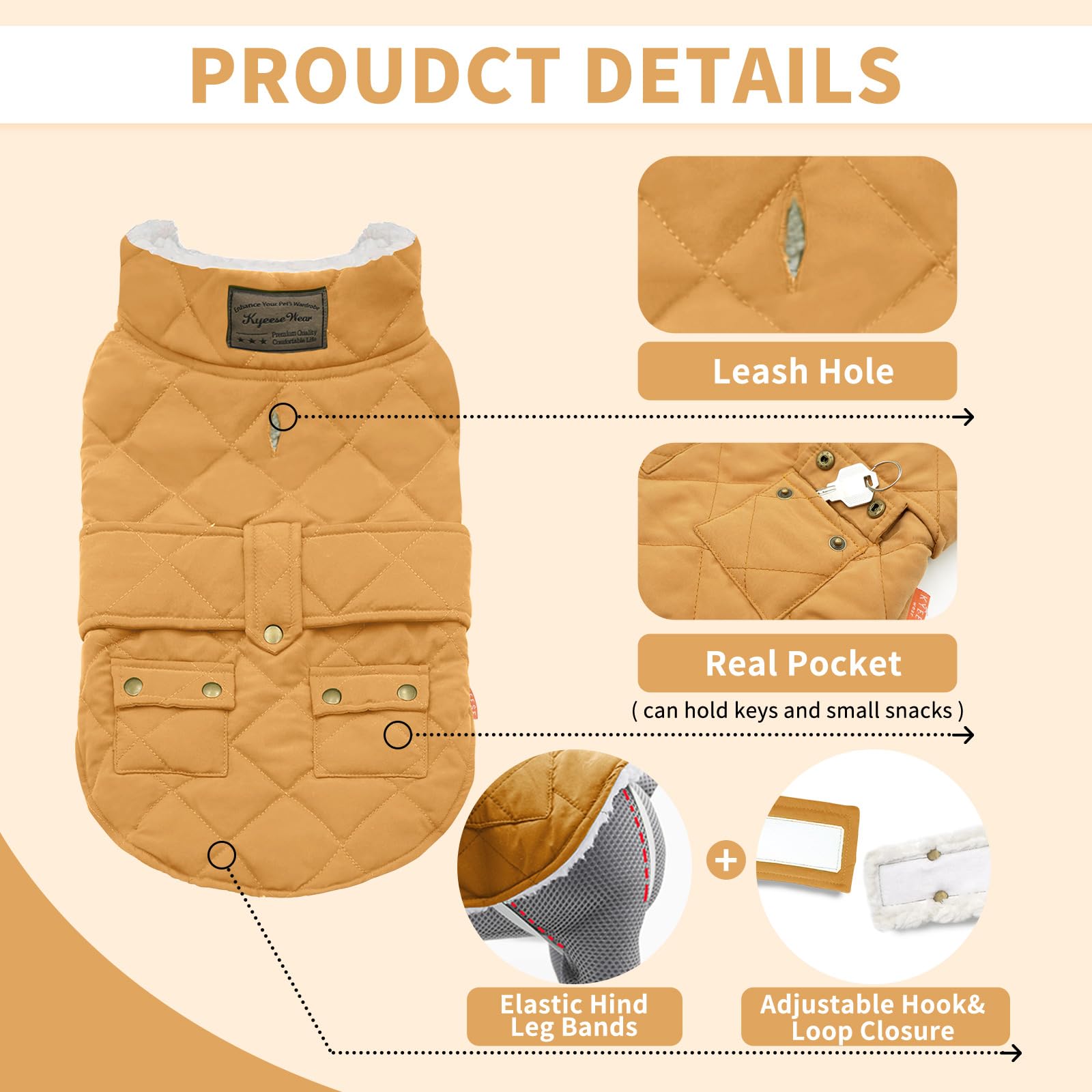 KYEESE Winter Windproof Dog Jacket with Leash Hole - Padded Sherpa Vest for Large Dogs, Cold Weather Coat in Yellow - Perfect for Outdoor Walks, Hiking & Winter Adventures