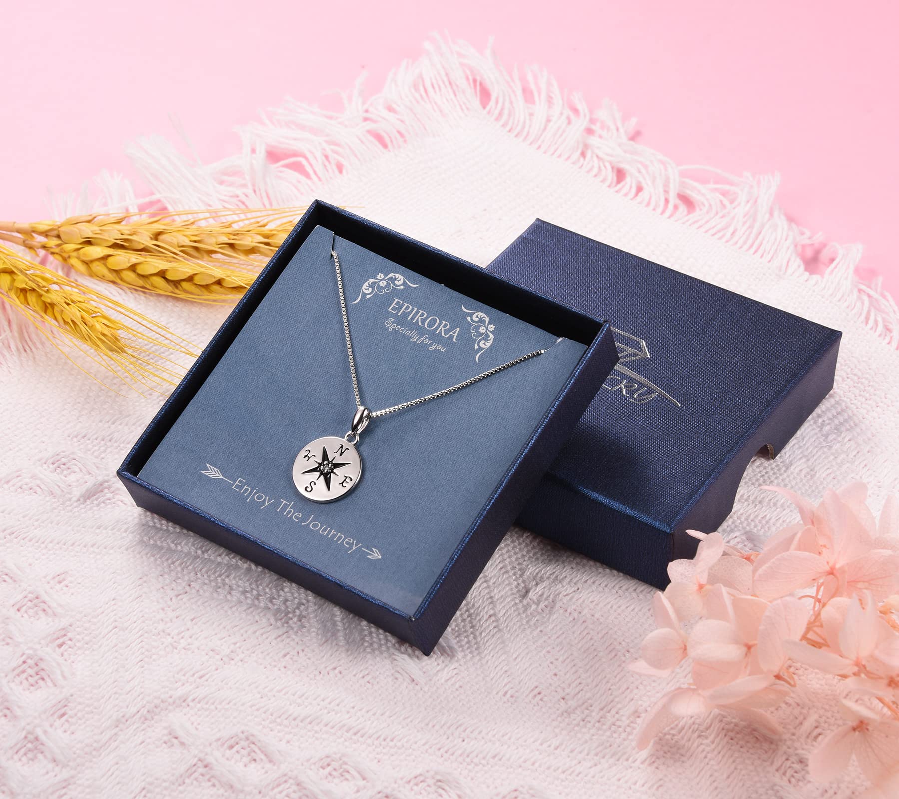 EPIRORA Sterling Silver Compass Necklace for Women - Inspirational Travel Jewelry Gift with Gift Box (Birthday, Graduation, Retirement) - Perfect for Girlfriend, Wife, Friend, Sister & Colleague | Great for Adventure Lovers, Hiking & Outdoor Enthusiasts