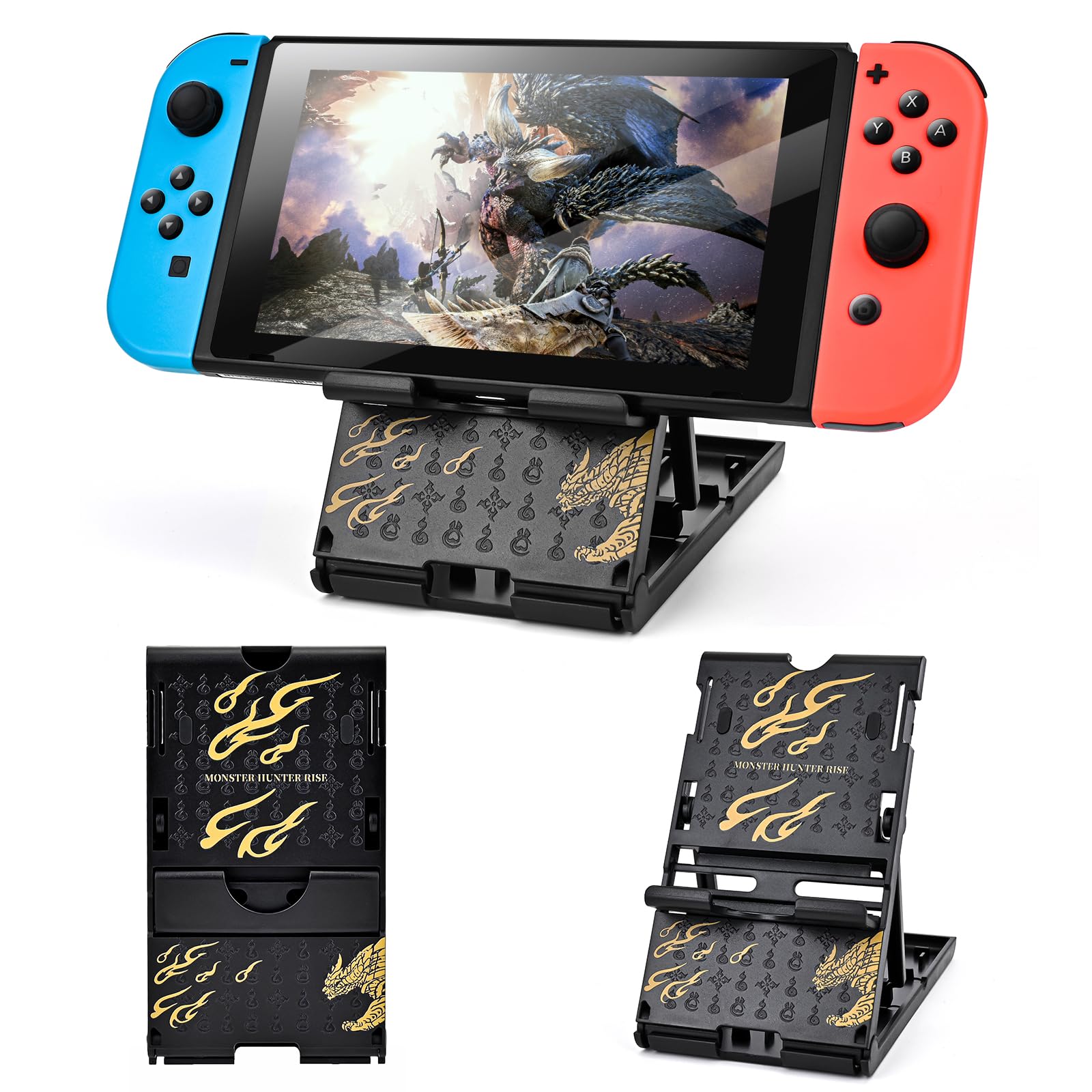 DLseego Adjustable Switch Stand Holder for Nintendo Switch/Switch OLED/Switch Lite - Portable Foldable Non-Slip Bracket with Anime Design (Black Gold) - Perfect for Gaming at Home, Travel & Hands-Free Play