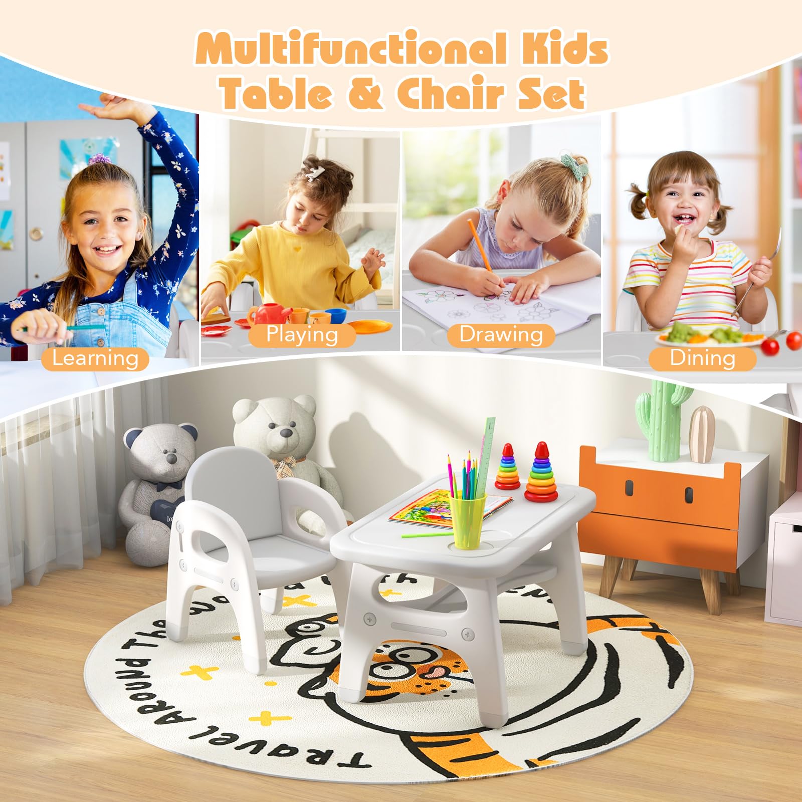 Costzon Kids Table and Chair Set - Dinosaur Themed Toddler Activity Desk with Storage Rack & Montessori Building Blocks | Sturdy Children's Furniture for Art, Play & Learning | Perfect for Daycare, Preschool & Home Playroom (Gray)