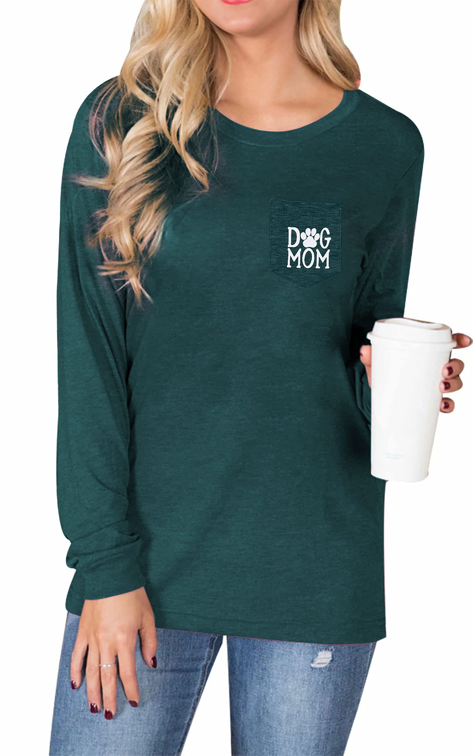 Women's Dog Paw Print Pullover - Cute Dog Mom Graphic Tee with Patch Pocket | Long Sleeve Casual Shirt for Dog Lovers | Perfect for Pet Owners, Dog Walks & Cozy Outings