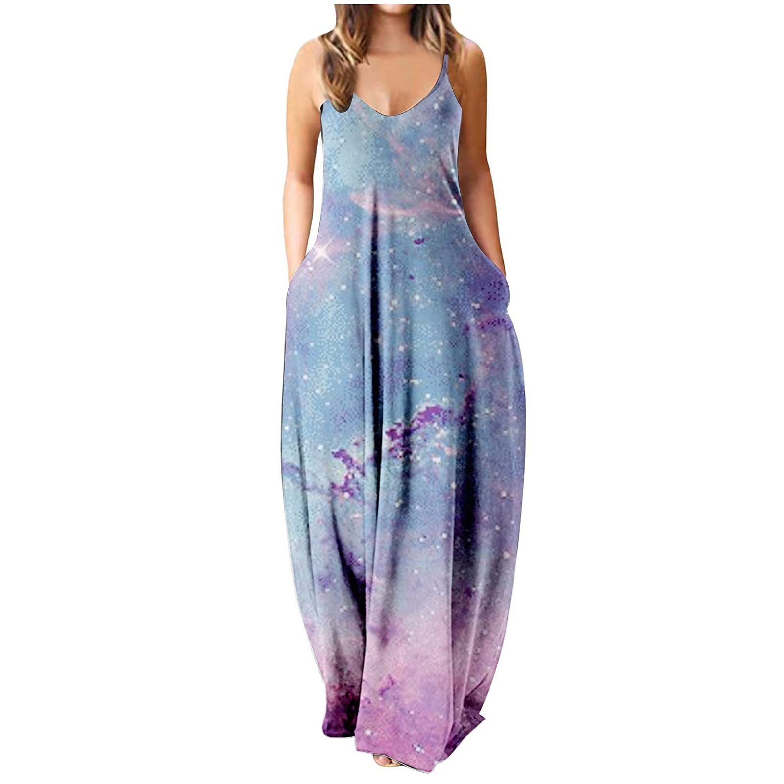iQKA Women's Maxi Dress - Colorful Long Sleeveless V-Neck Tunic with Pockets | Summer Casual Boho Beach Dress | Perfect for Vacations, Parties & Outdoor Events