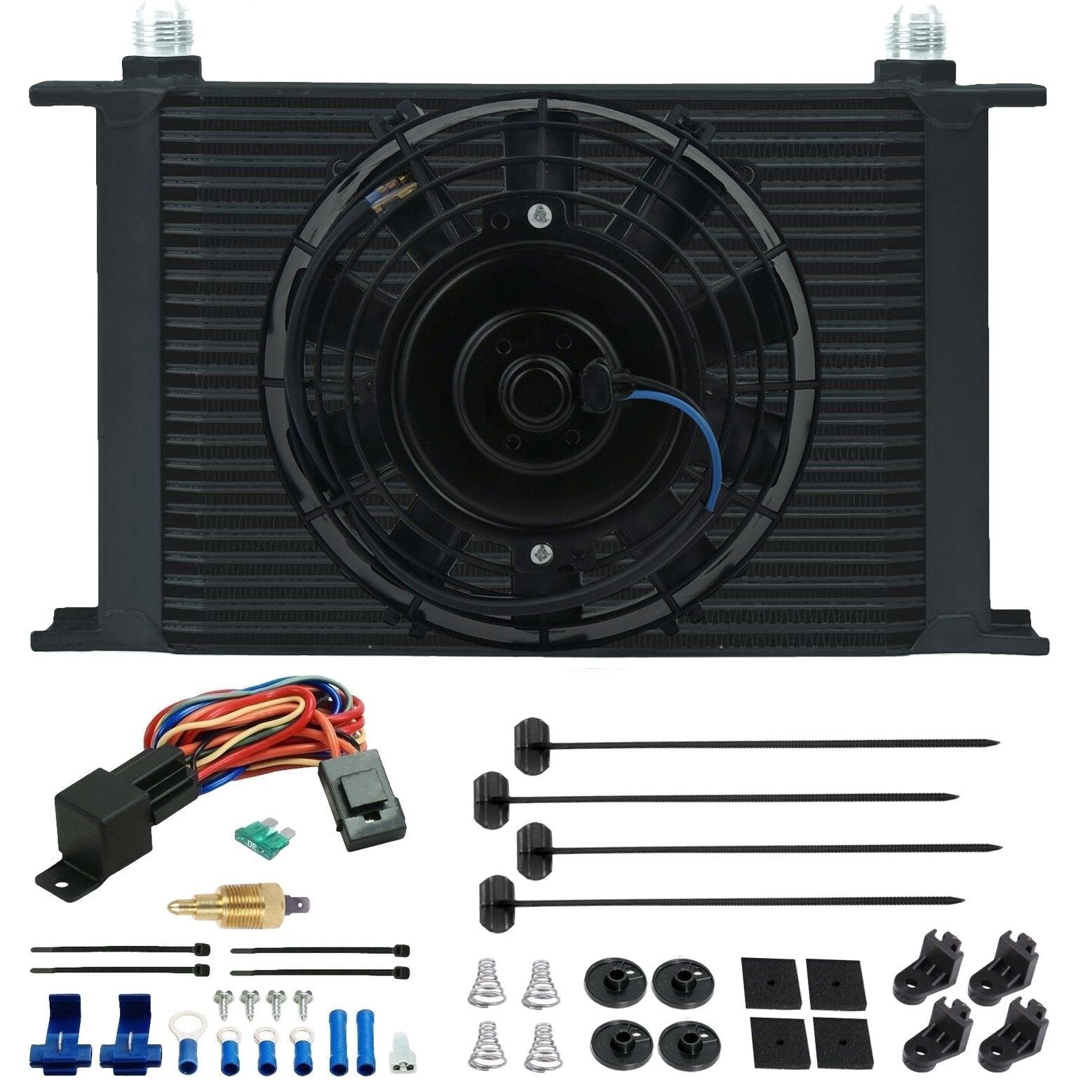 25 Row Transmission Oil Cooler with Electric Fan & NPT Ground Thermostat Switch Kit - Heavy Duty Cooling for Trucks, RVs & Performance Vehicles