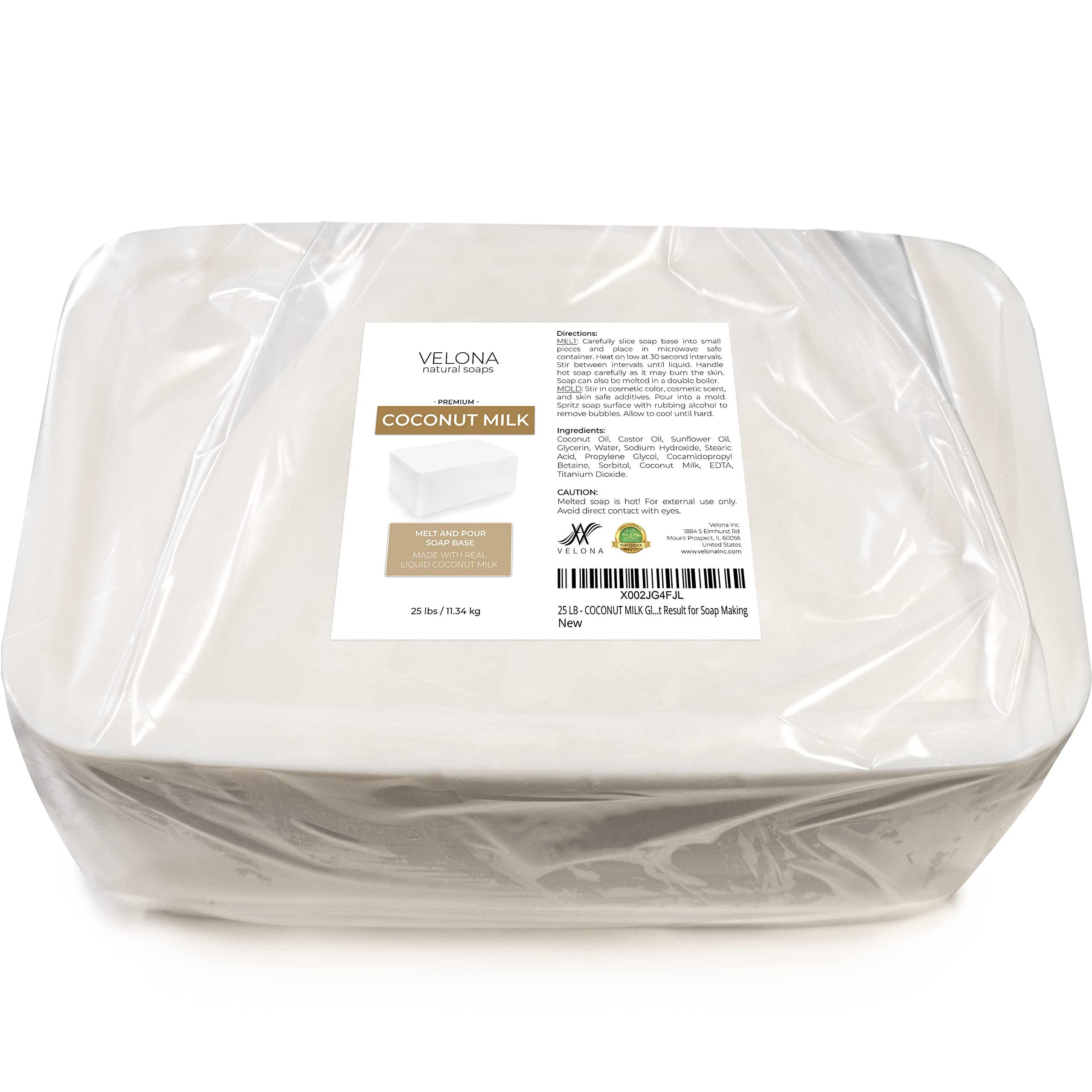 Velona 25 LB Coconut Milk Glycerin Soap Base - SLS/SLES Free, Natural Melt & Pour Soap Making Supplies for DIY Handmade Soaps | Perfect for Crafting Luxurious Bath Bars, Shower Gels & Gift Sets