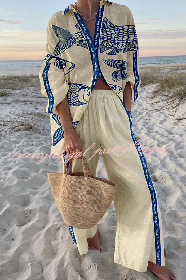 Stylish Ocean Print Oversized Shirt & Elastic Waist Pocket Pants Set - Women's Casual Loungewear for Beach Vacation & Summer Outfits