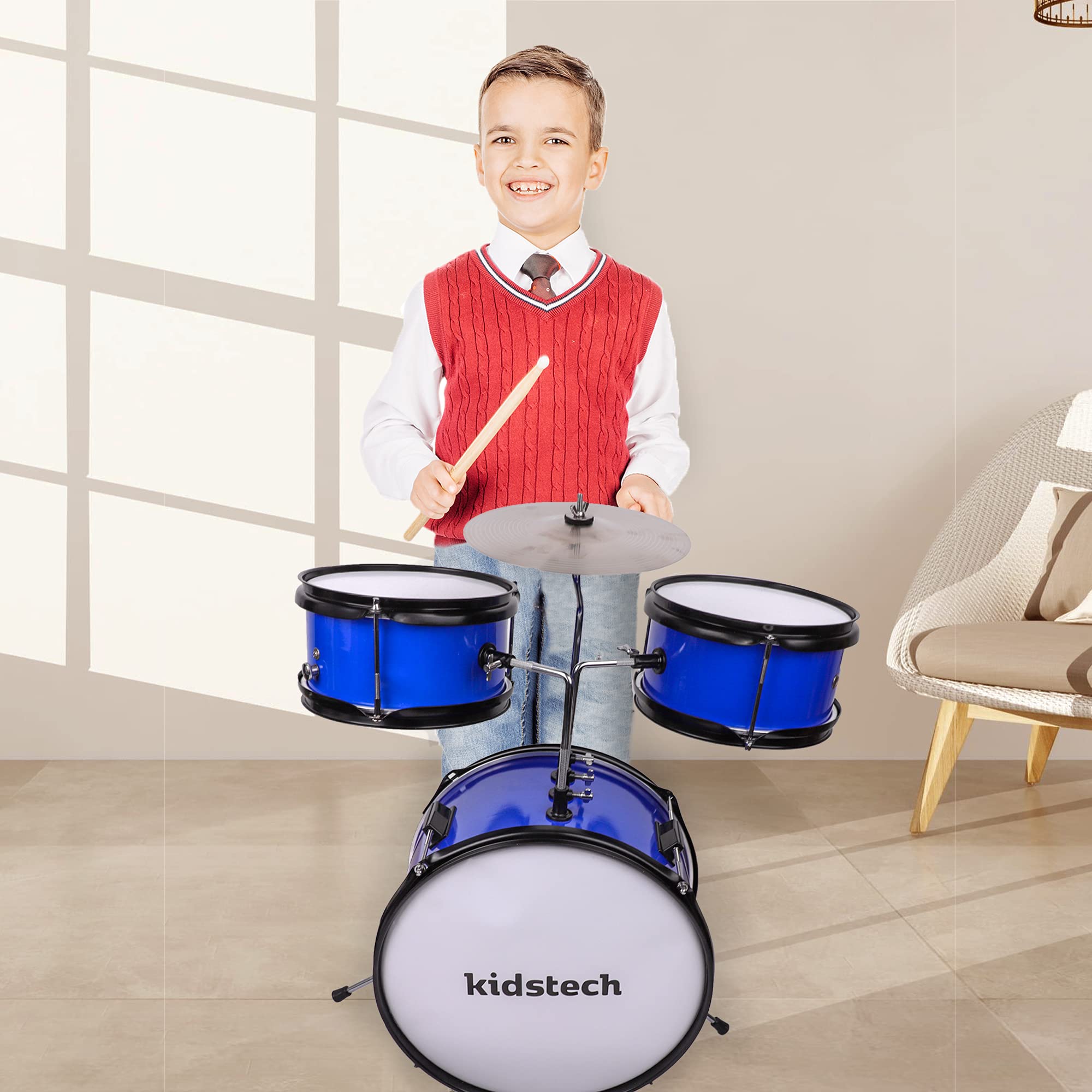 **Kidstech 5-Piece Junior & Adult Drum Set with Microphone, Drumsticks & Adjustable Seat - Musical Toy for Boys, Girls Ages 3+ - Perfect for Birthday Gifts, Home Play & Early Music Education (Large Size)**