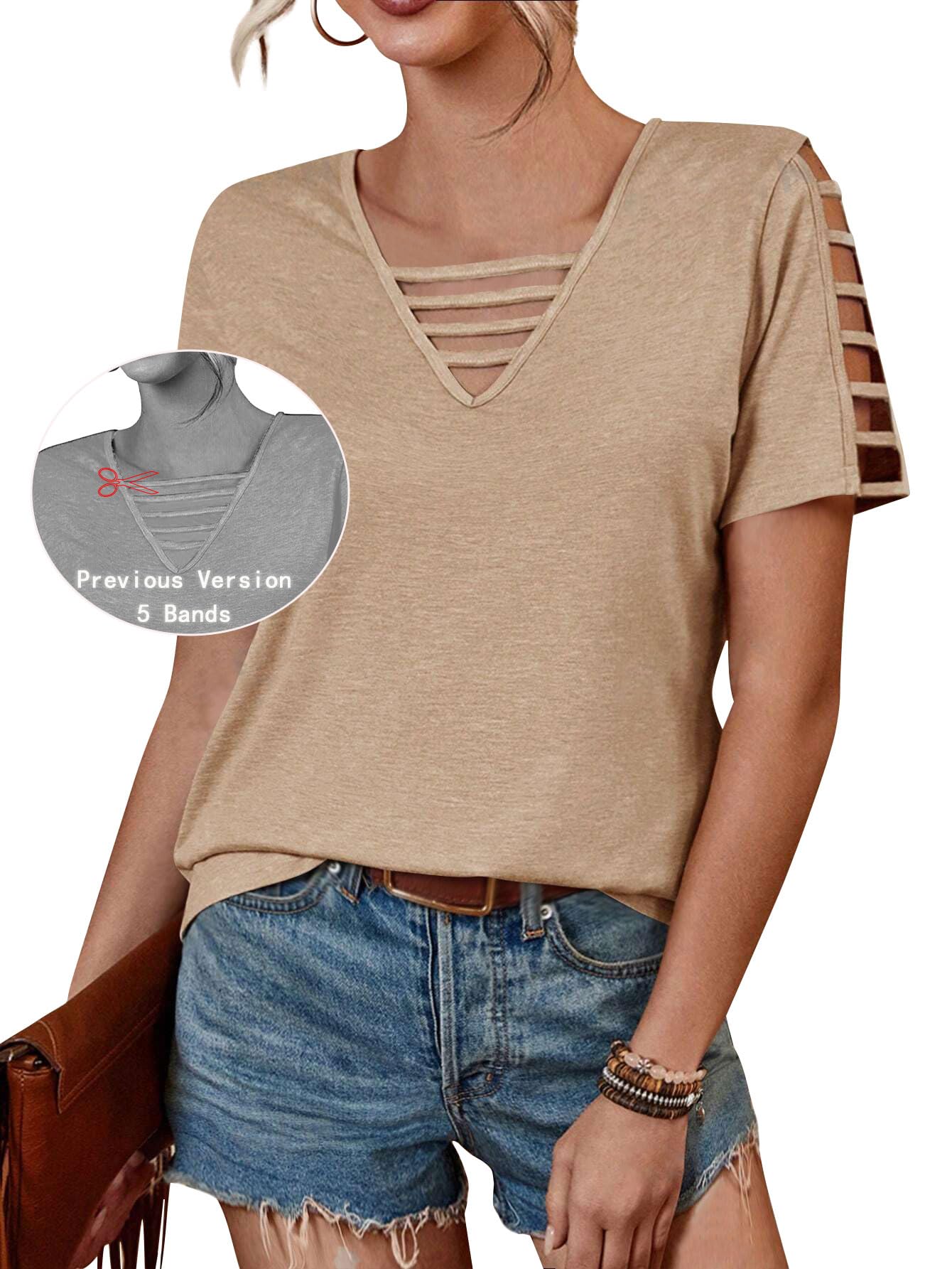 Women's V-Neck Loose Fit Hollow Out Short Sleeve T-Shirt - Breathable Summer Casual Top for Beach, Vacation & Daily Wear | Spring 2025 Fashion Trend