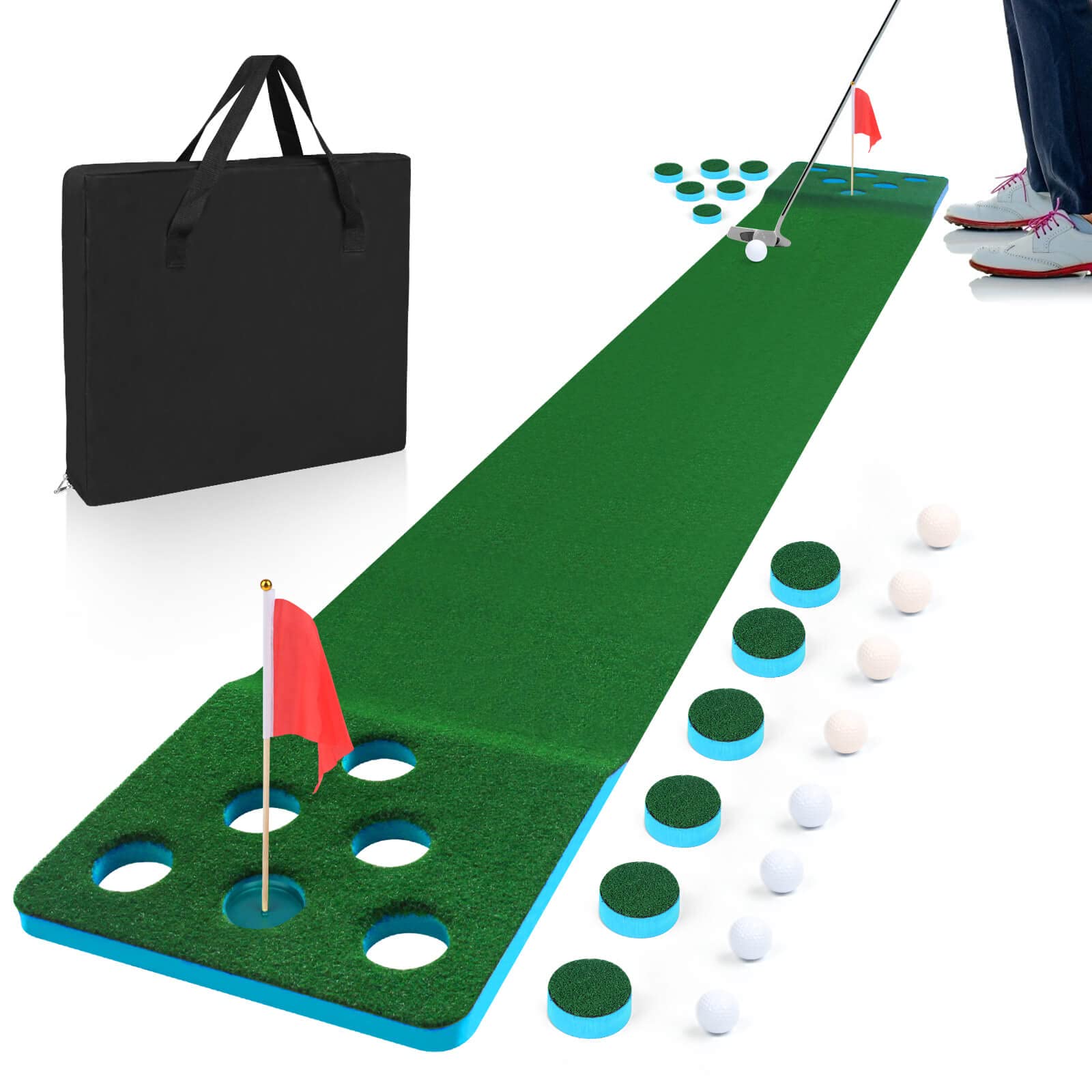 Luricaa Indoor Putting Green Mat with Golf Pong Game - Includes 8 Golf Balls, 2 Golf Cups & Flags, Storage Bag - Perfect for Backyard Parties, Office Fun & Family Game Nights