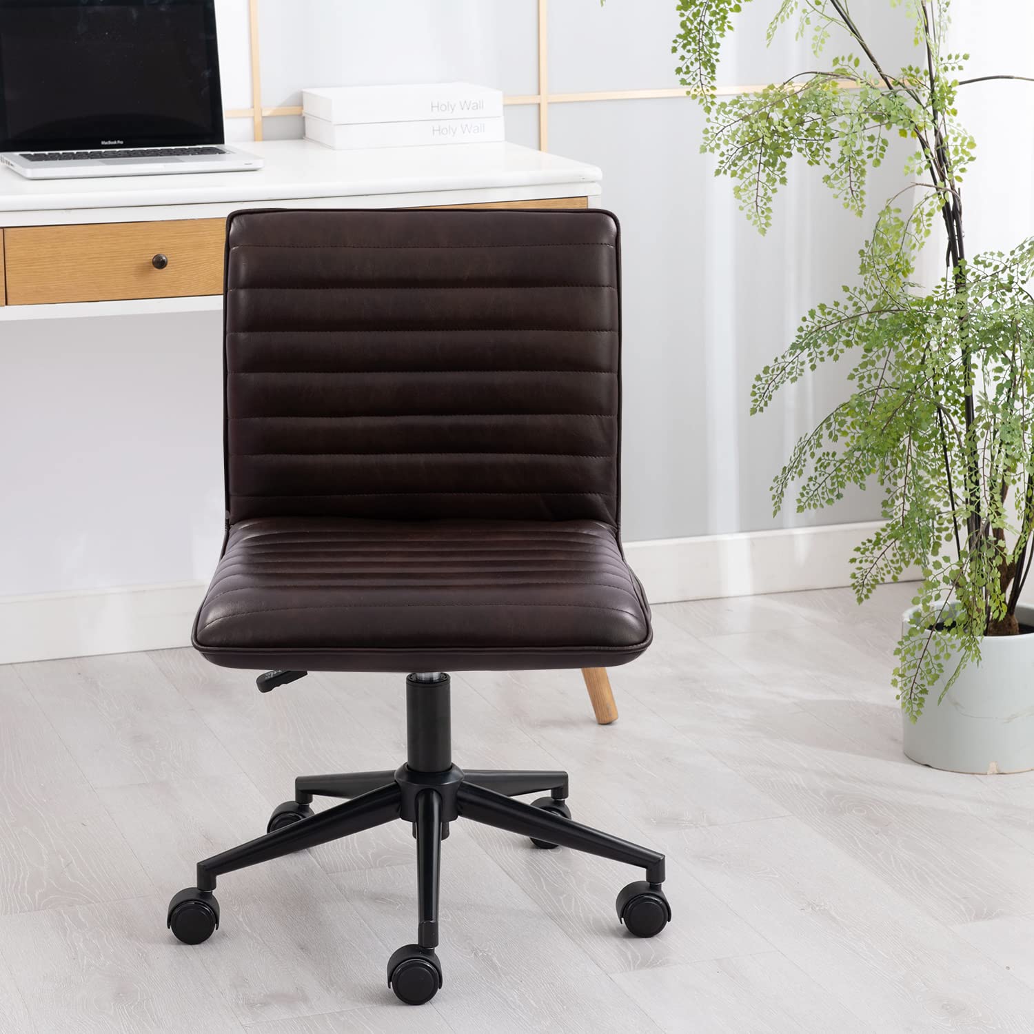 Furnimart Modern Armless Office Desk Chair - Genuine Leather Task Chair with Mid-Back Support, 360° Swivel & Height Adjustable - Ergonomic Home Office Chair for Small Spaces (Black/Brown) - Perfect for Home Offices, Study Rooms & Workspaces