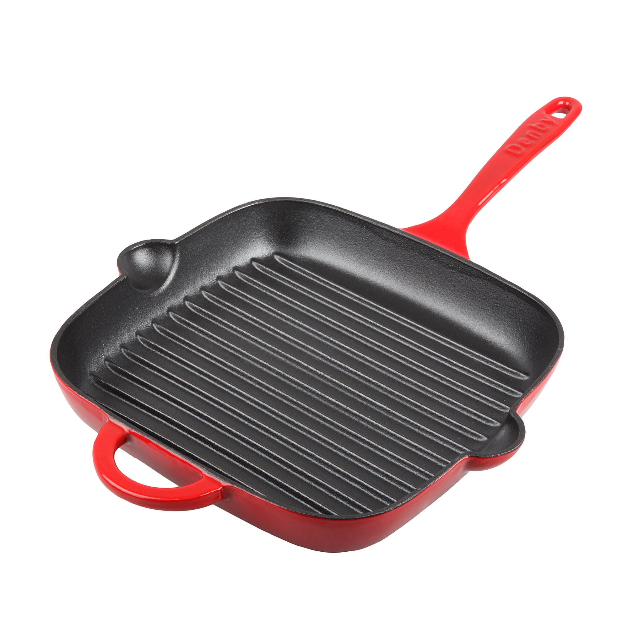 Denby 10-Inch Cast Iron Griddle Pan - Pre-Seasoned, Heavy Duty Skillet for Stovetop & Oven Use - Perfect for Pancakes, Steaks & Grilling (Red)