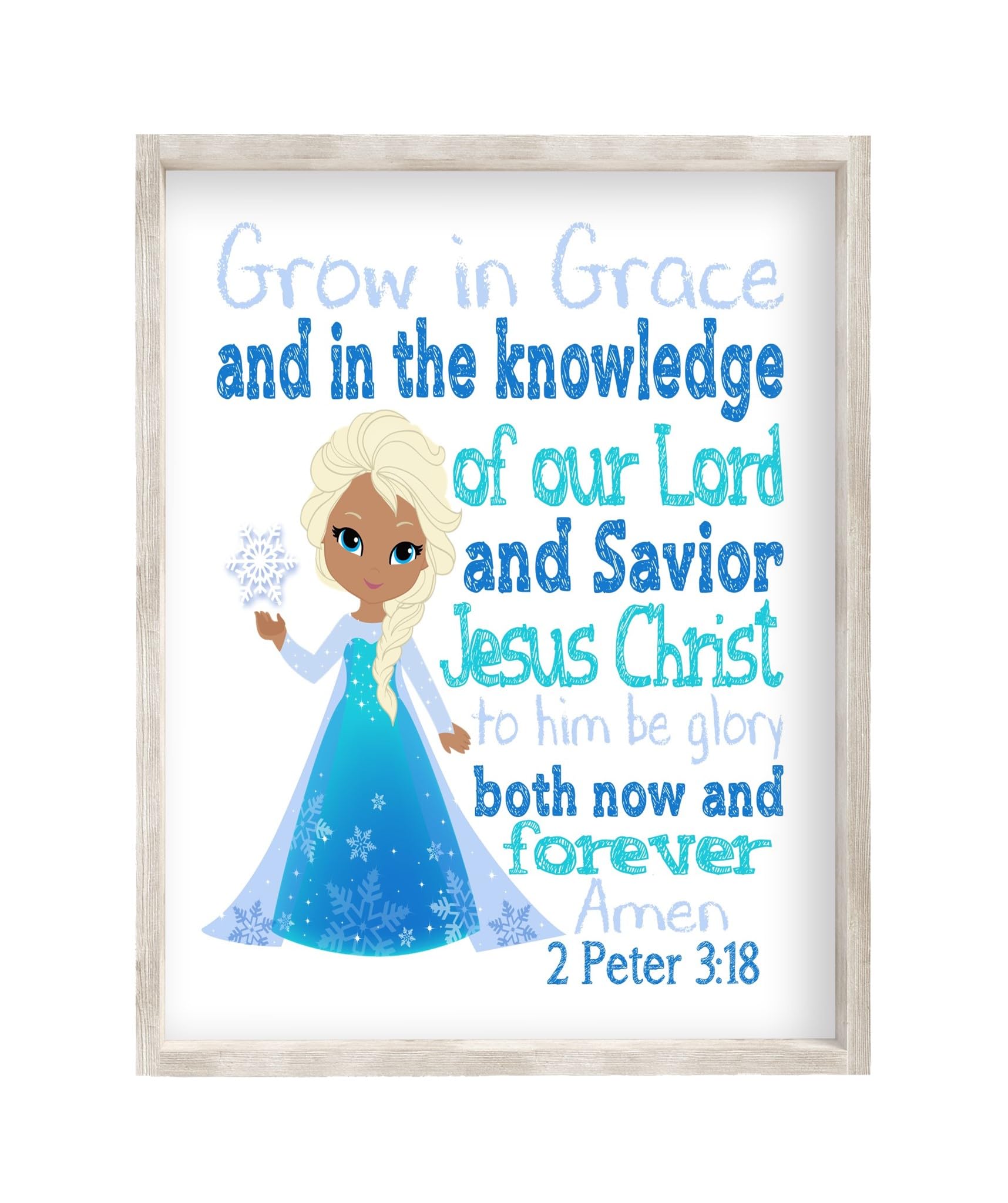 African American Princess Elsa Christian Frozen Nursery Decor - Grow in Grace & Knowledge 2 Peter 3:18 Bible Verse Wall Art - Perfect for Baby Girl's Room, Sunday School & Christian Home Decor