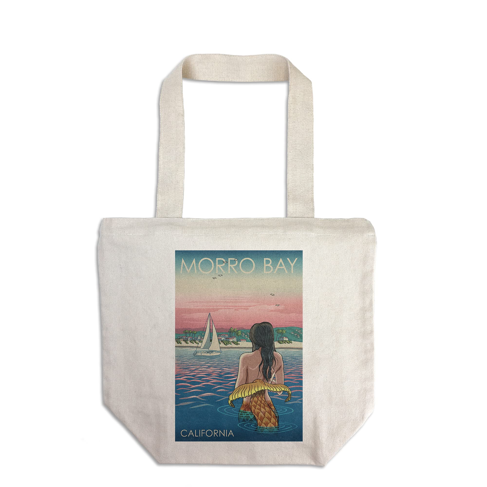 Lantern Press Morro Bay California Mermaid Beach Tote Bag - 100% Cotton Canvas Reusable Shopping Bag for Beach Trips, Groceries & Eco-Friendly Lifestyle