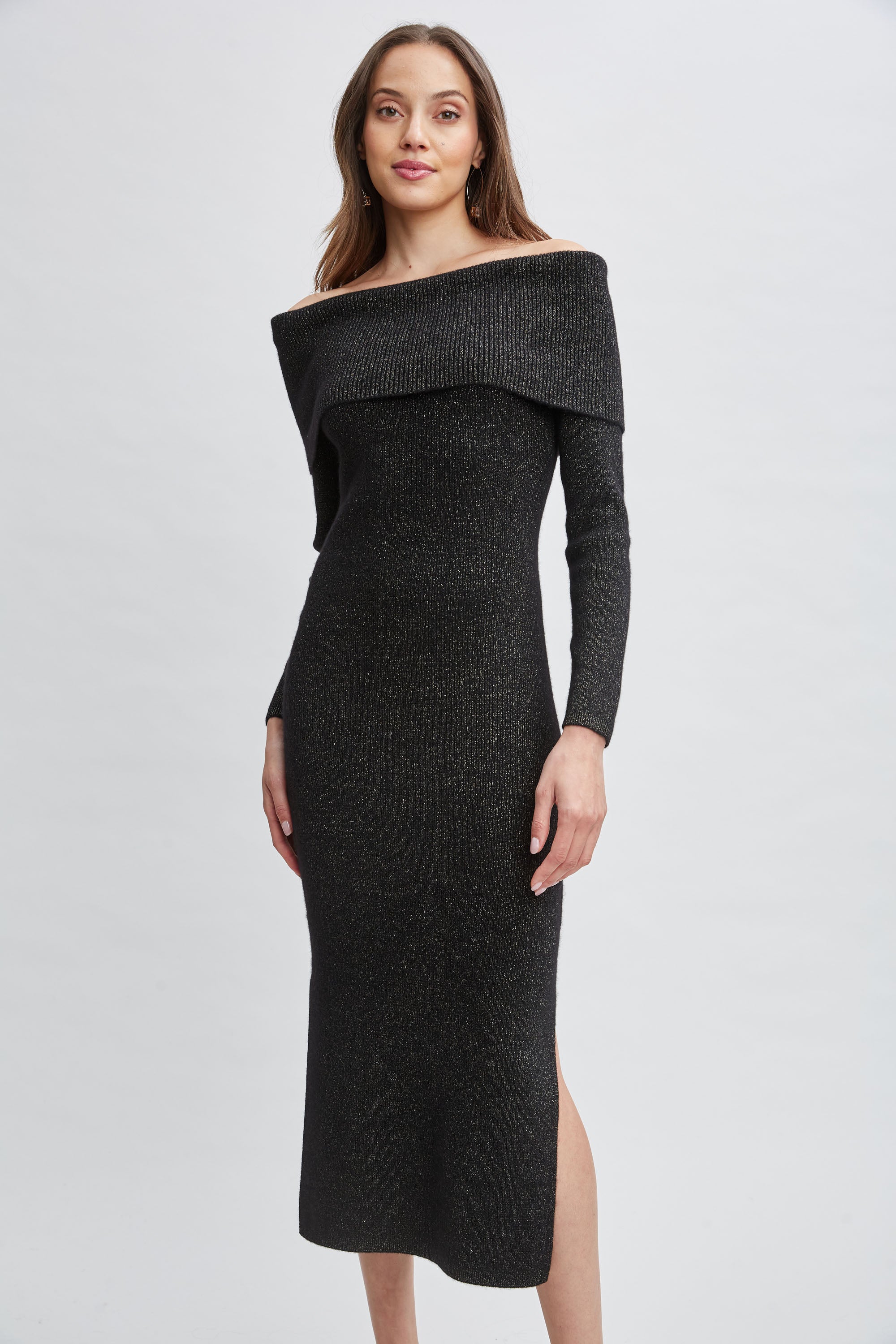 Luxury Metallic Cashmere Off Shoulder Dress for Women - Elegant Evening Gown for Parties, Weddings & Special Occasions