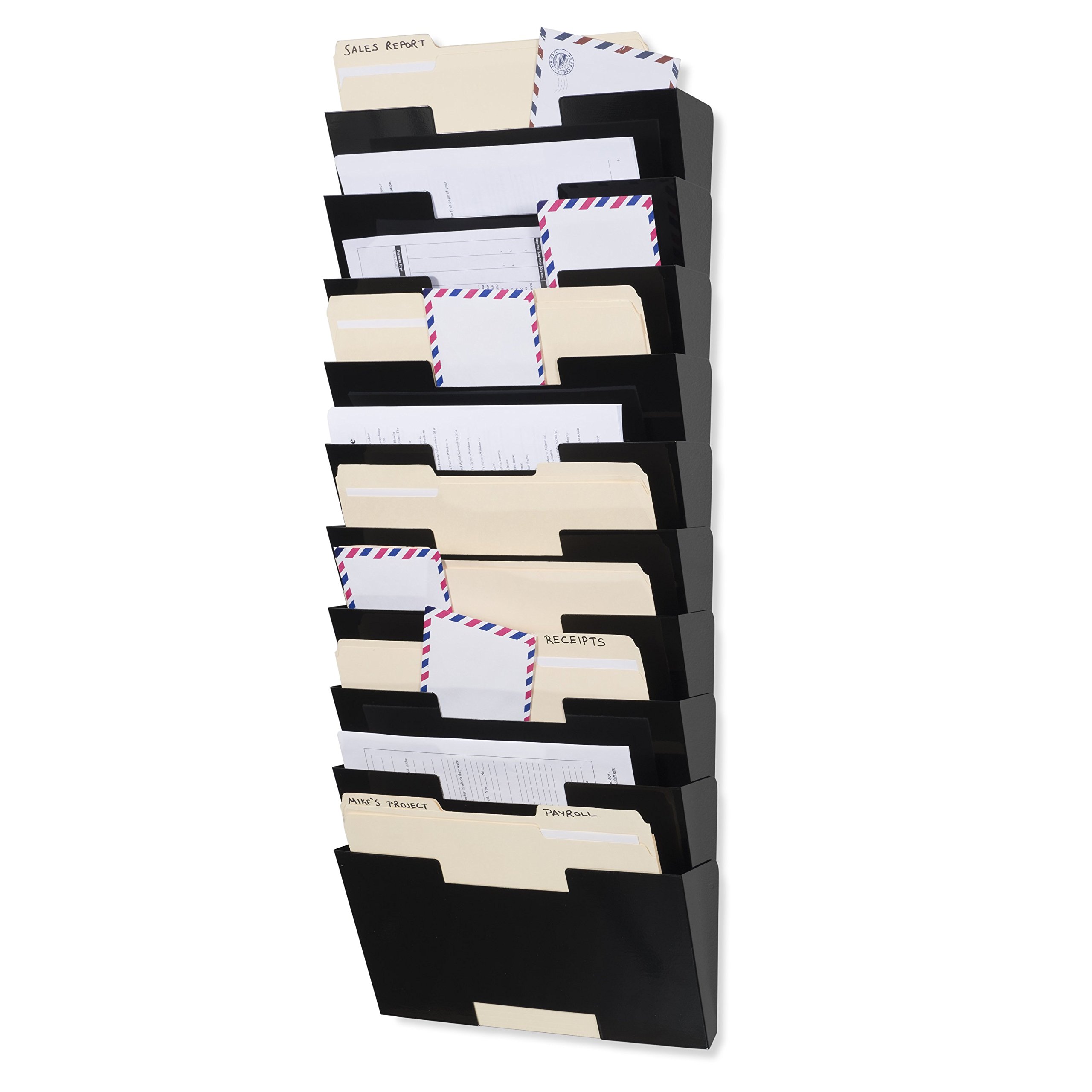 Wallniture Lisbon 10-Tier Wall Mounted File Holder & Desk Organizer - Black Metal Office Storage Rack for Documents, Mail & Supplies - Perfect for Home Office, Classroom & Workspace Organization