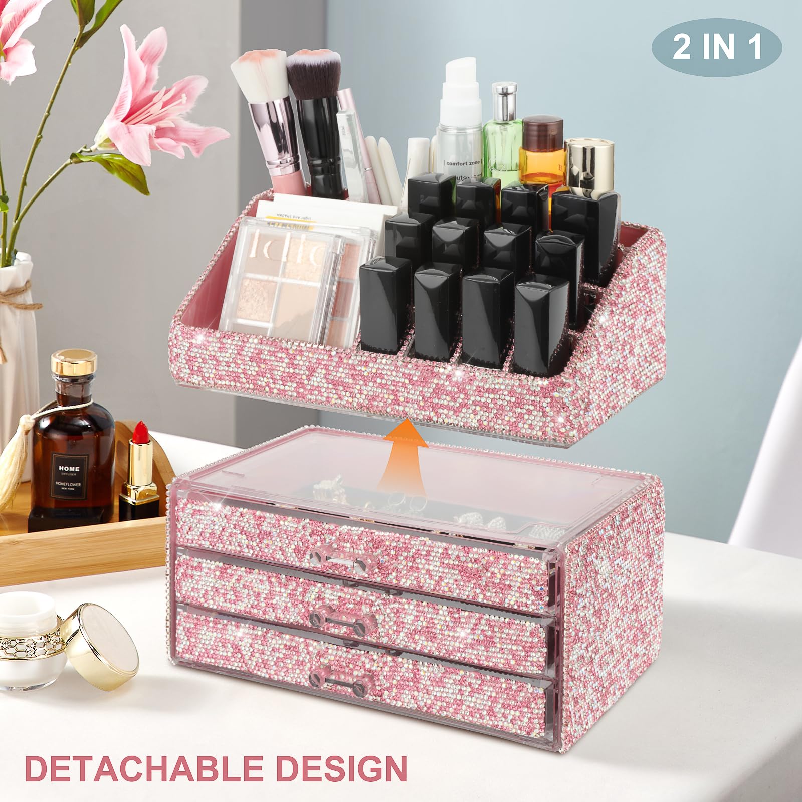KEYPOWER Bling Diamond Makeup Organizer Drawer Set - 2 Piece Pink Cosmetic Storage Box with Jewelry Display & Brush Holder | Handmade for Vanity, Bathroom, or Dresser Countertop Organization