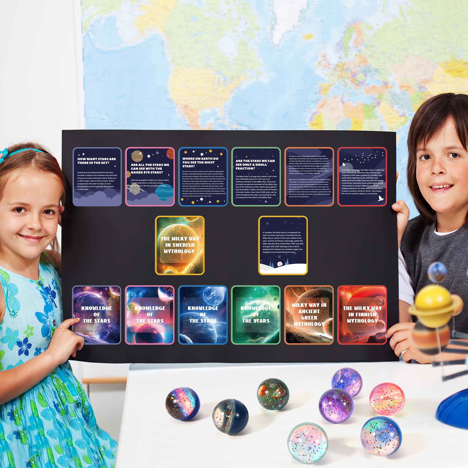 16PCS Solar System Toys for Kids - 45mm Galaxy Bouncy Balls & Space Flashcards | STEM Educational Party Favors, Classroom Learning & Birthday Gifts | Explore Planets & Stars for Science Projects & Space-Themed Decor