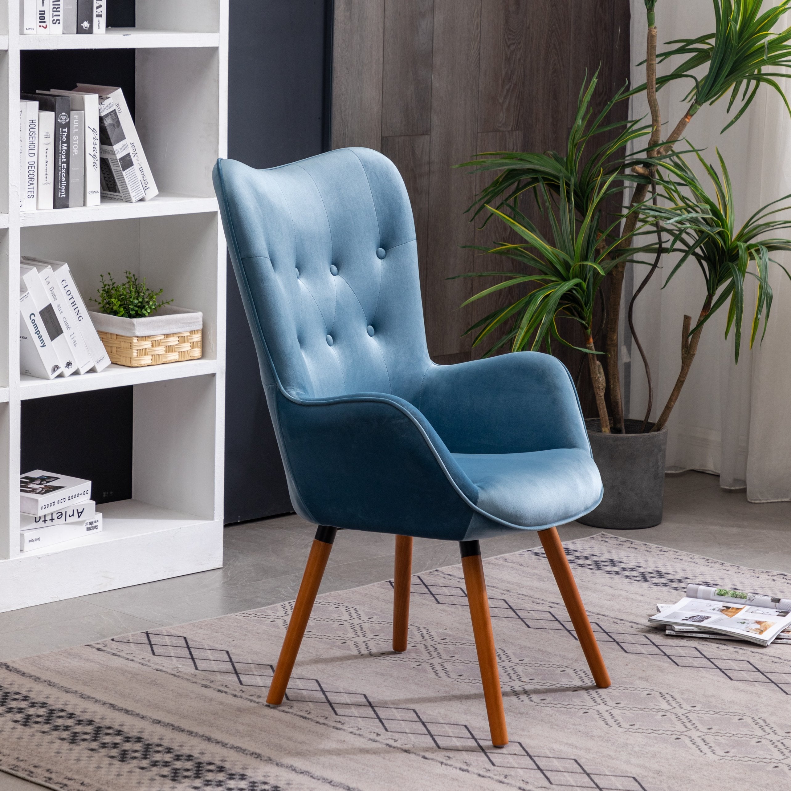 Roundhill Furniture Doarnin Contemporary Silky Velvet Tufted Button Back Accent Chair - Blue Velvet Upholstered Lounge Chair for Living Room, Bedroom & Office Decor - Perfect for Reading Nook, Home Theater Seating and Guest Room Furniture