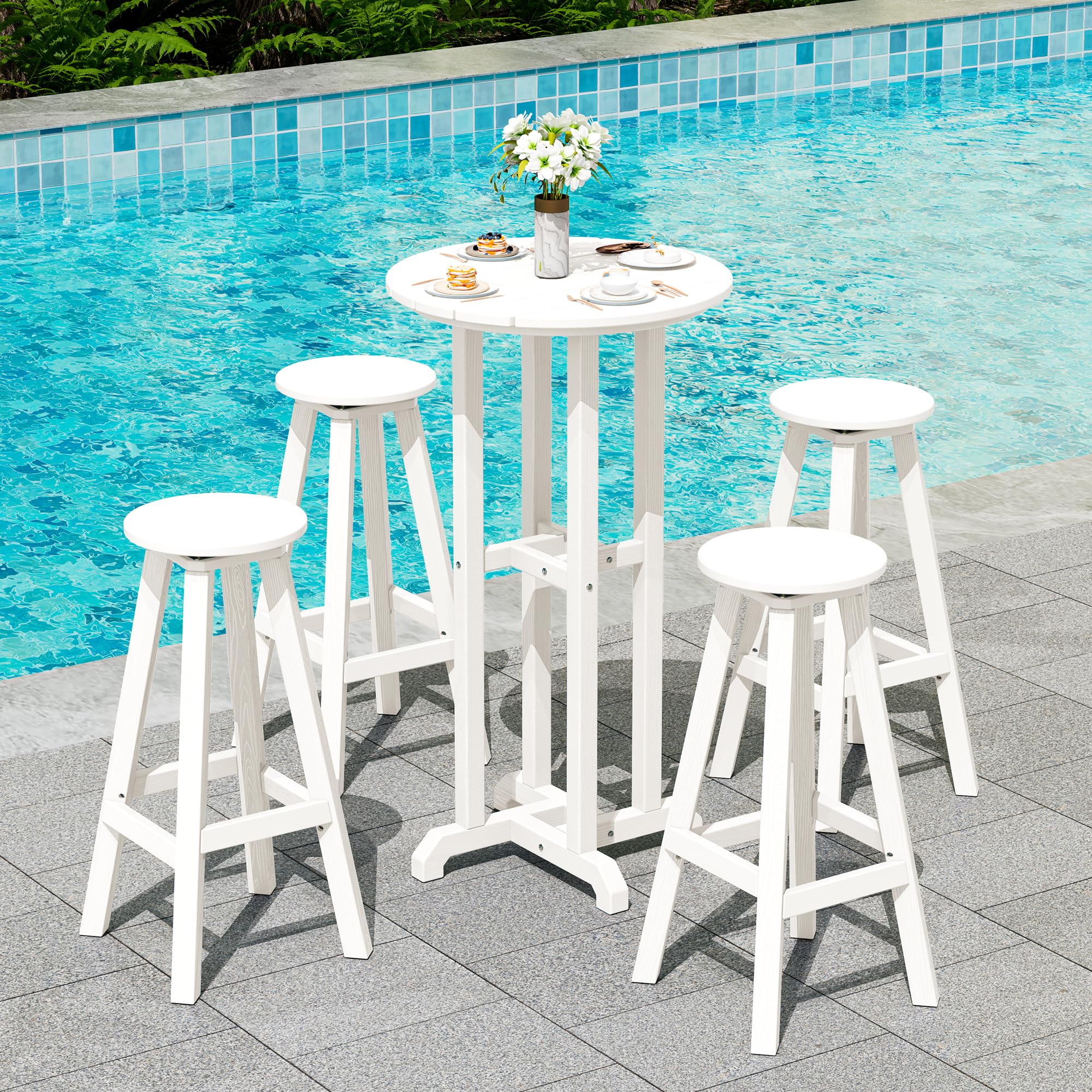 SERWALL 4-Piece Outdoor Bar Table and Chairs Set - Round All-Weather HDPE Patio Furniture with Swivel Stools - Perfect for Poolside, Backyard, Deck, Garden & Outdoor Entertaining (White)