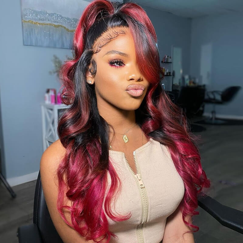 Eullair 13x4 Lace Front Wig - Colored Skunk Stripe Ombre Body Wave Human Hair (Perfect for Cosplay, Halloween & Daily Fashion)