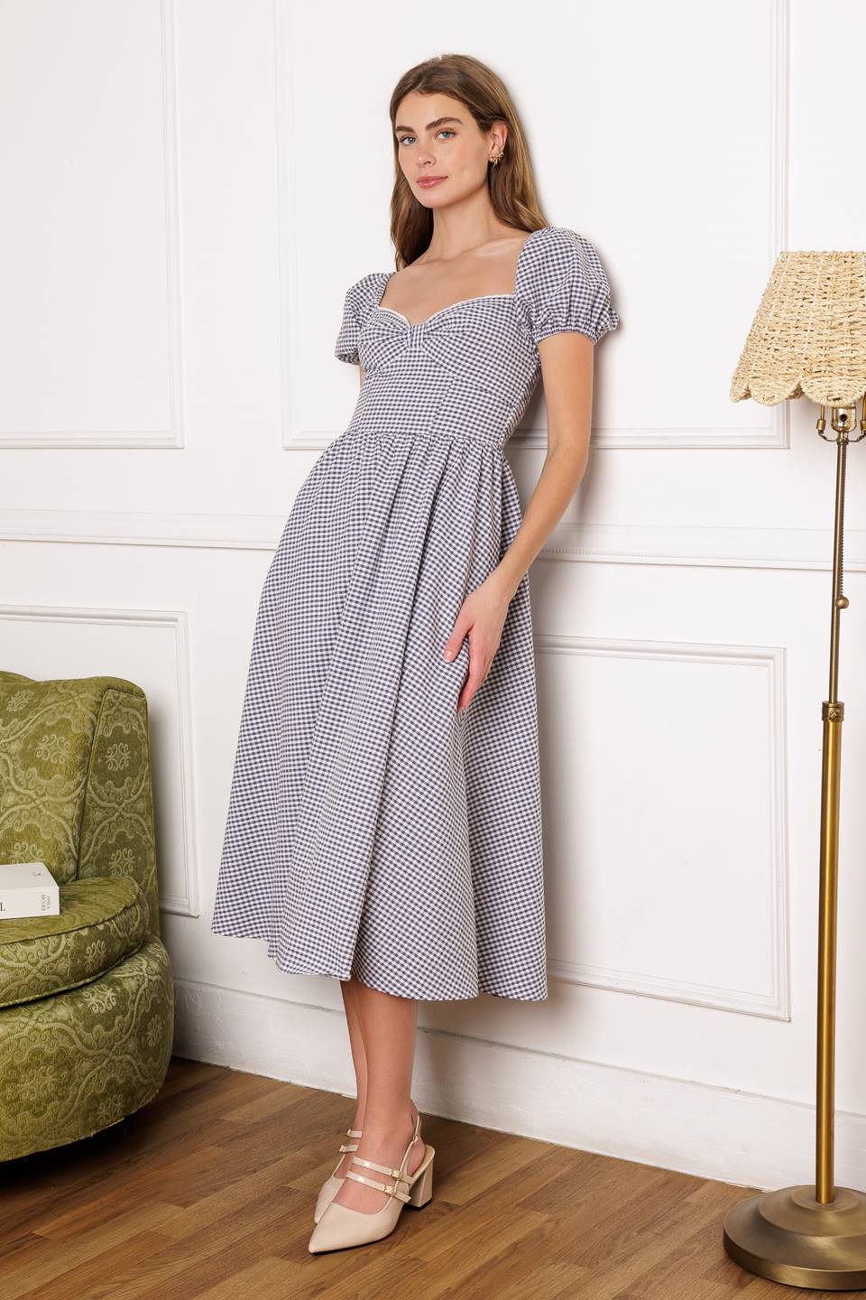 DOROTHY'S DREAM Navy Blue Gingham Puff Sleeve Midi Dress - Perfect for Summer Picnics, Garden Parties & Casual Outings