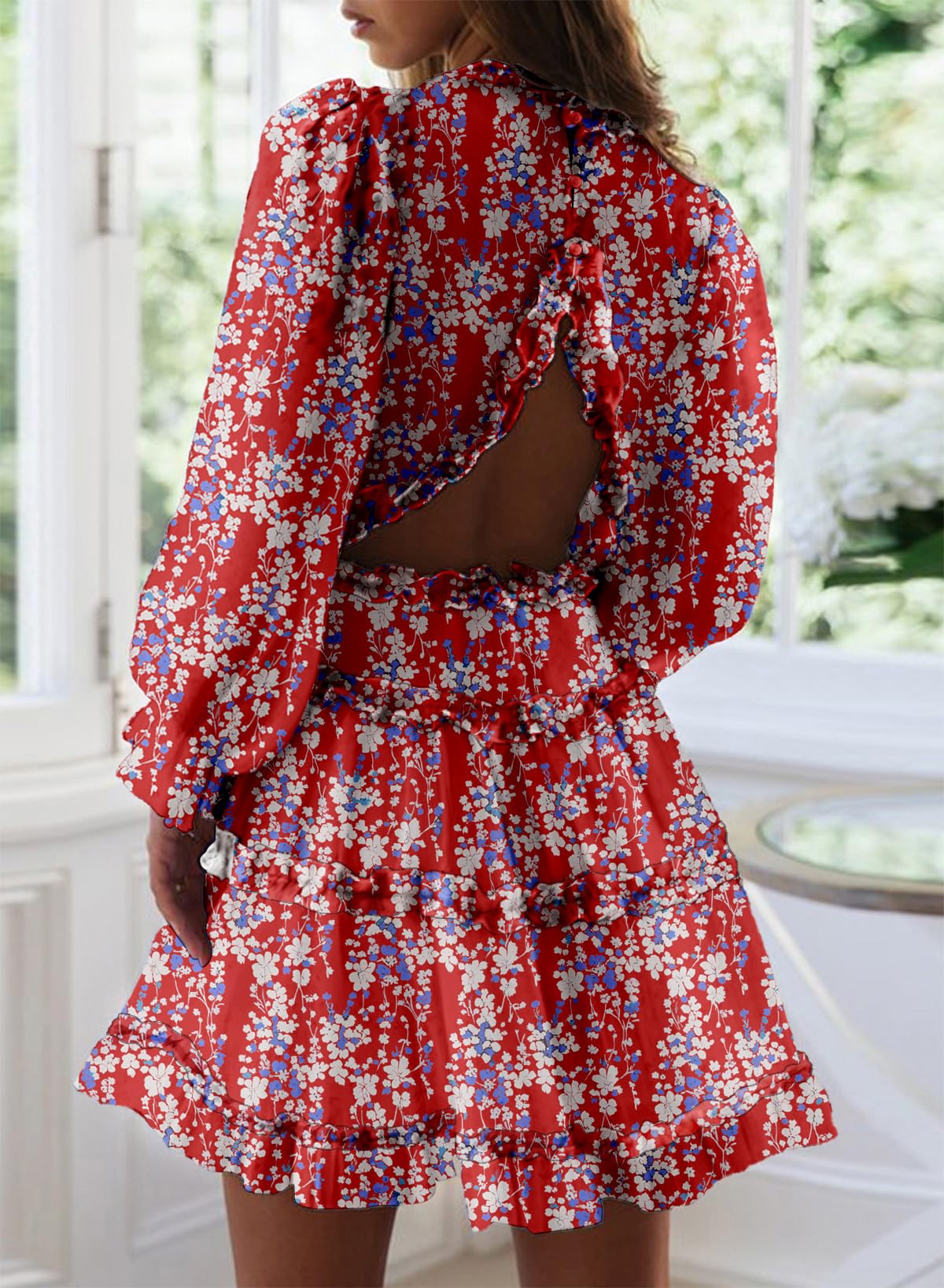 Dokotoo Women's Deep V Neck Long Sleeve Backless Ruffle Floral Mini Dress - Spring Summer 2025 Fashion, Party, Date Night, Cocktail, Vacation Outfit