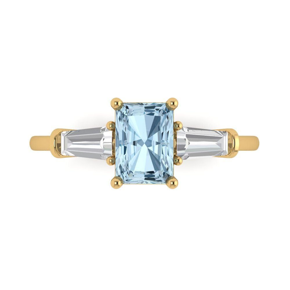 2.0 Carat Emerald Cut Aquamarine Three-Stone Engagement Ring in 14K Yellow Gold - Designer Bridal Jewelry for Anniversary & Wedding - Perfect for Proposals, Romantic Gifts & Special Occasions