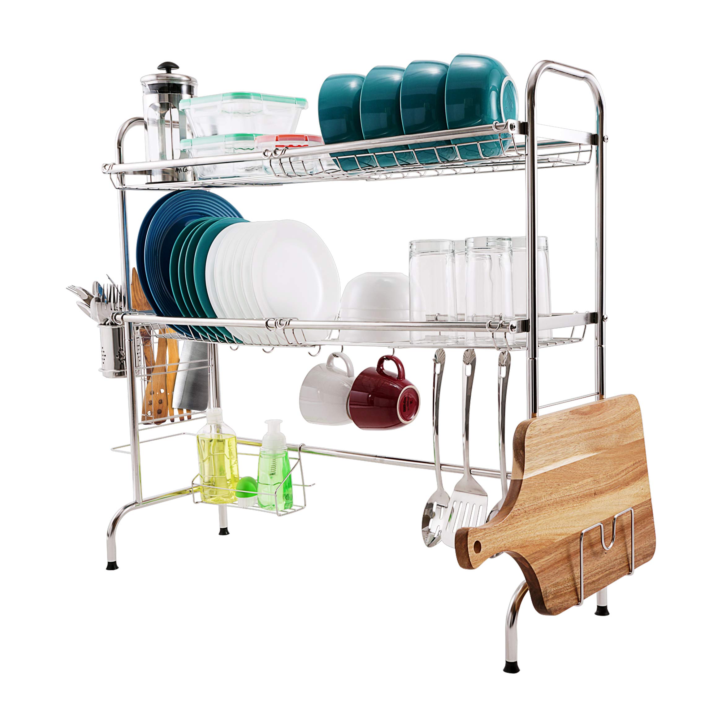 2-Tier Stainless Steel Over The Sink Dish Drying Rack with Non-Slip Feet - Large Kitchen Counter Utensil Drainer & Organizer for Plates, Pots, Cutting Boards - Perfect for Small Kitchens & Apartment Living