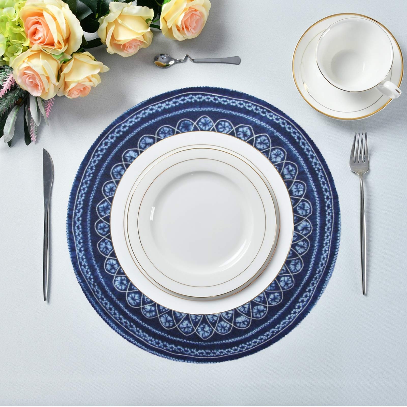 Premium Navy Blue Round Placemats Set of 6 - Waterproof & Heat-Resistant Dining Table Mats for Everyday Use, Dinner Parties & Holiday Decor - Elegant Kitchen & Home Decor Accessories